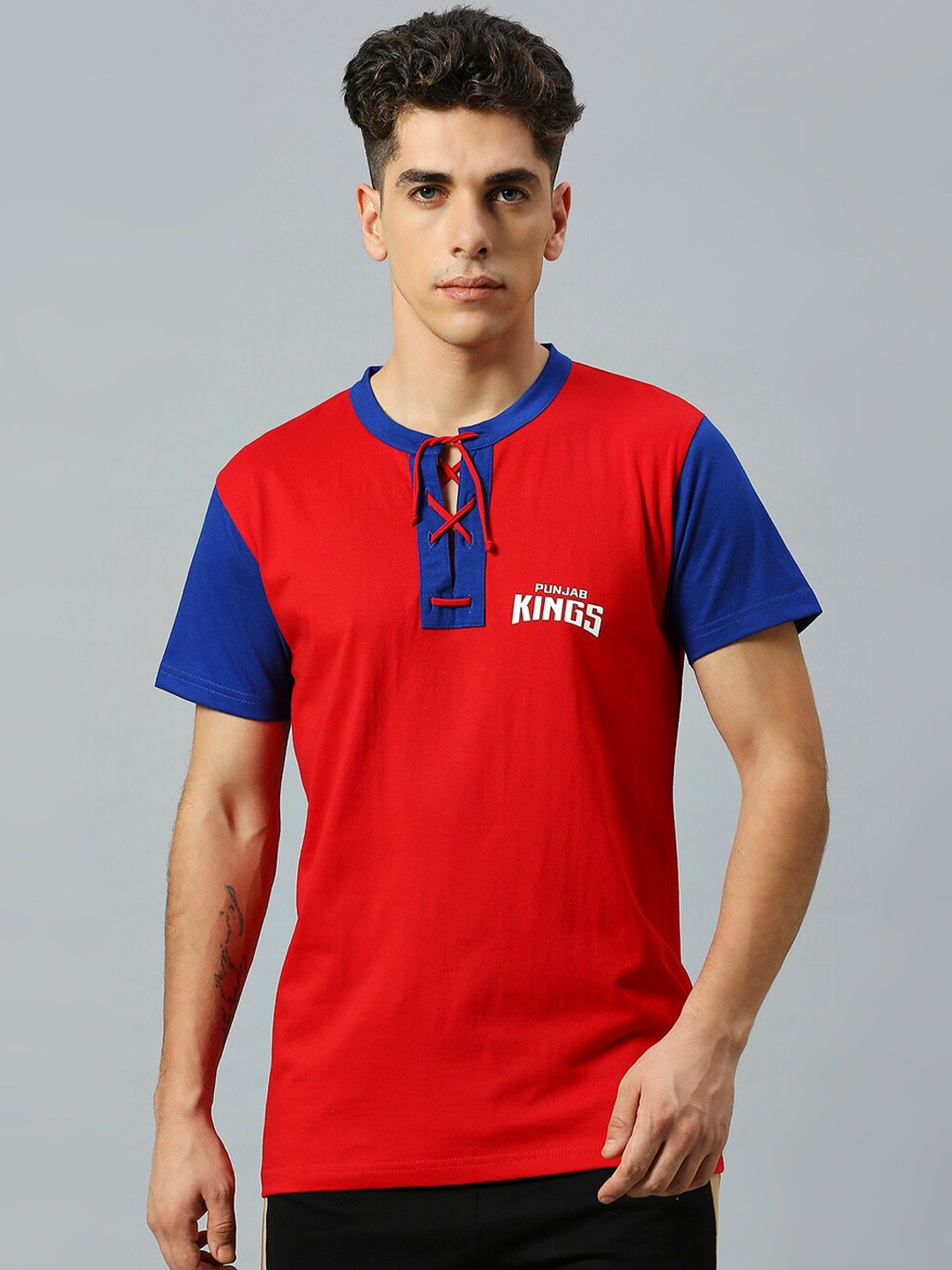 

FanCode Punjab Kings Printed Cotton Henley Neck T-shirt, Red