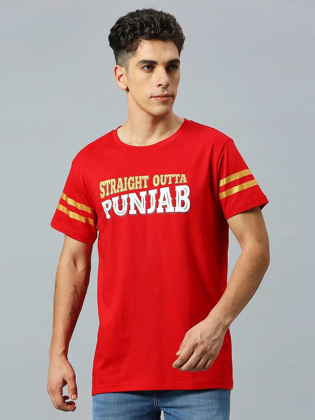 

FanCode Typography Printed Round Neck Knitted Cotton Applique T-shirt, Red