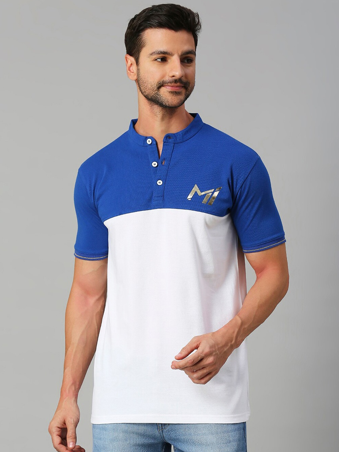 

FanCode Colourblocked Cotton Henley Neck T-shirt, White