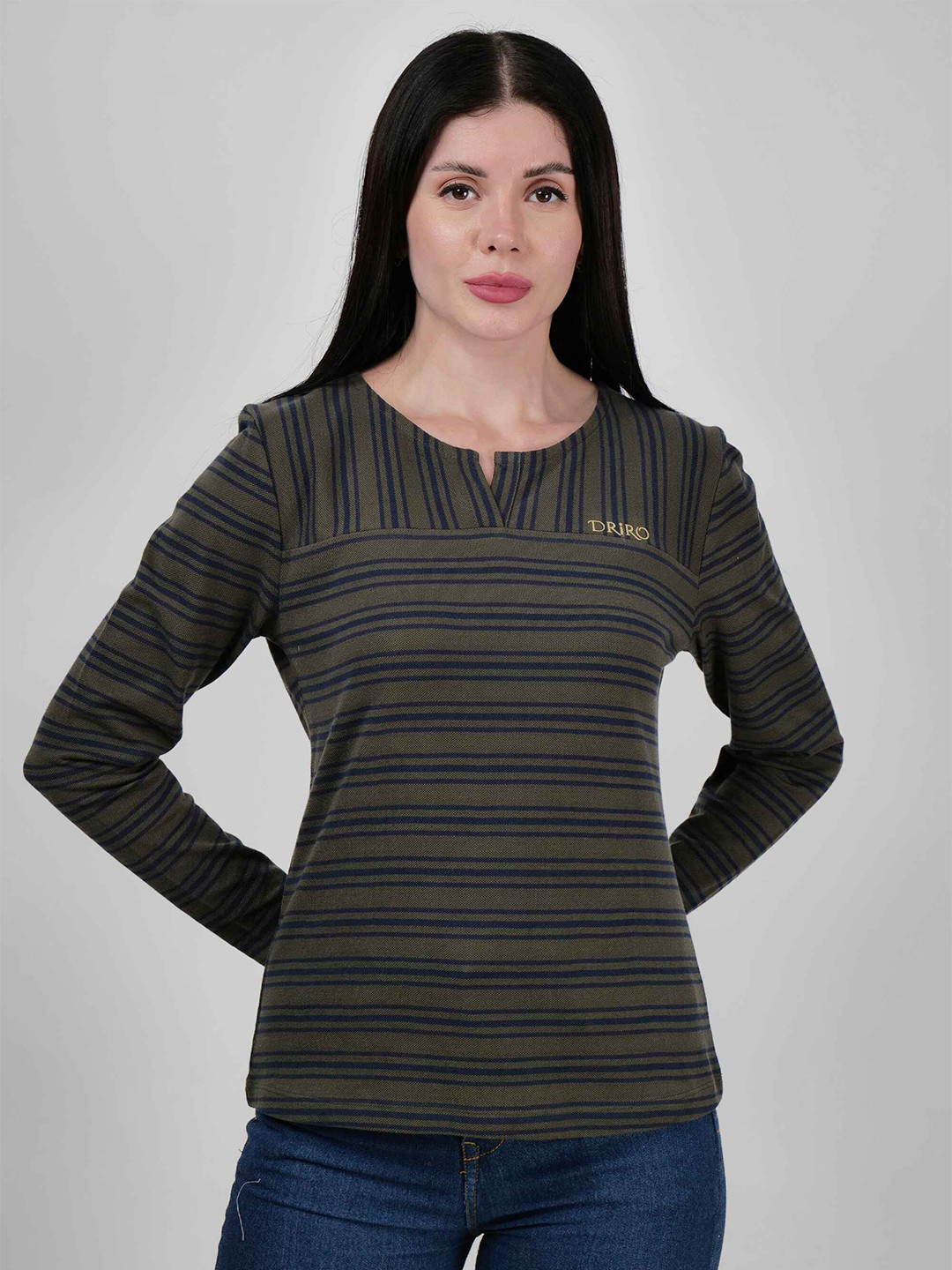 

DRIRO Striped Round Neck Long Sleeves Cotton T-shirt, Grey melange