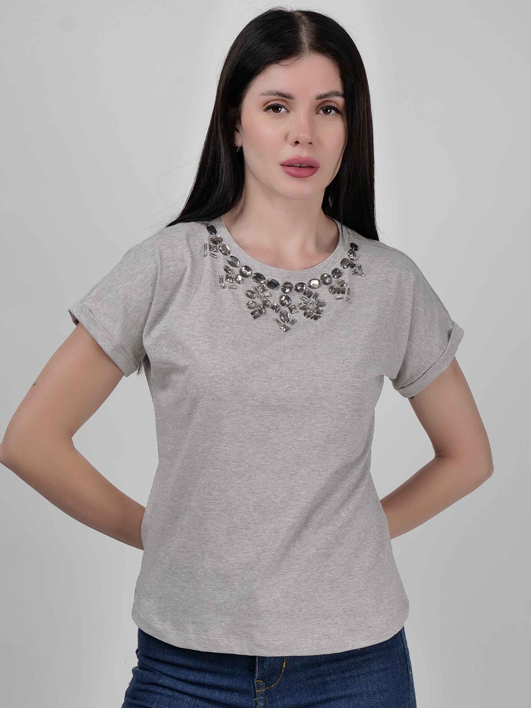 

DRIRO Embellished Round Neck Extended Sleeves Cotton Top, Grey