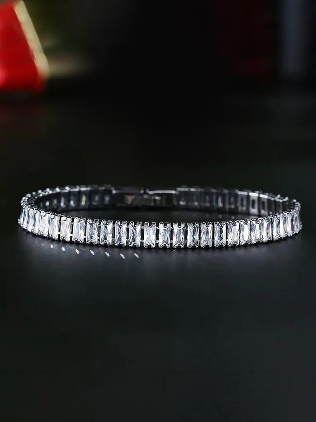 

Peora Men Silver-Plated American Diamond Studded Link Bracelet