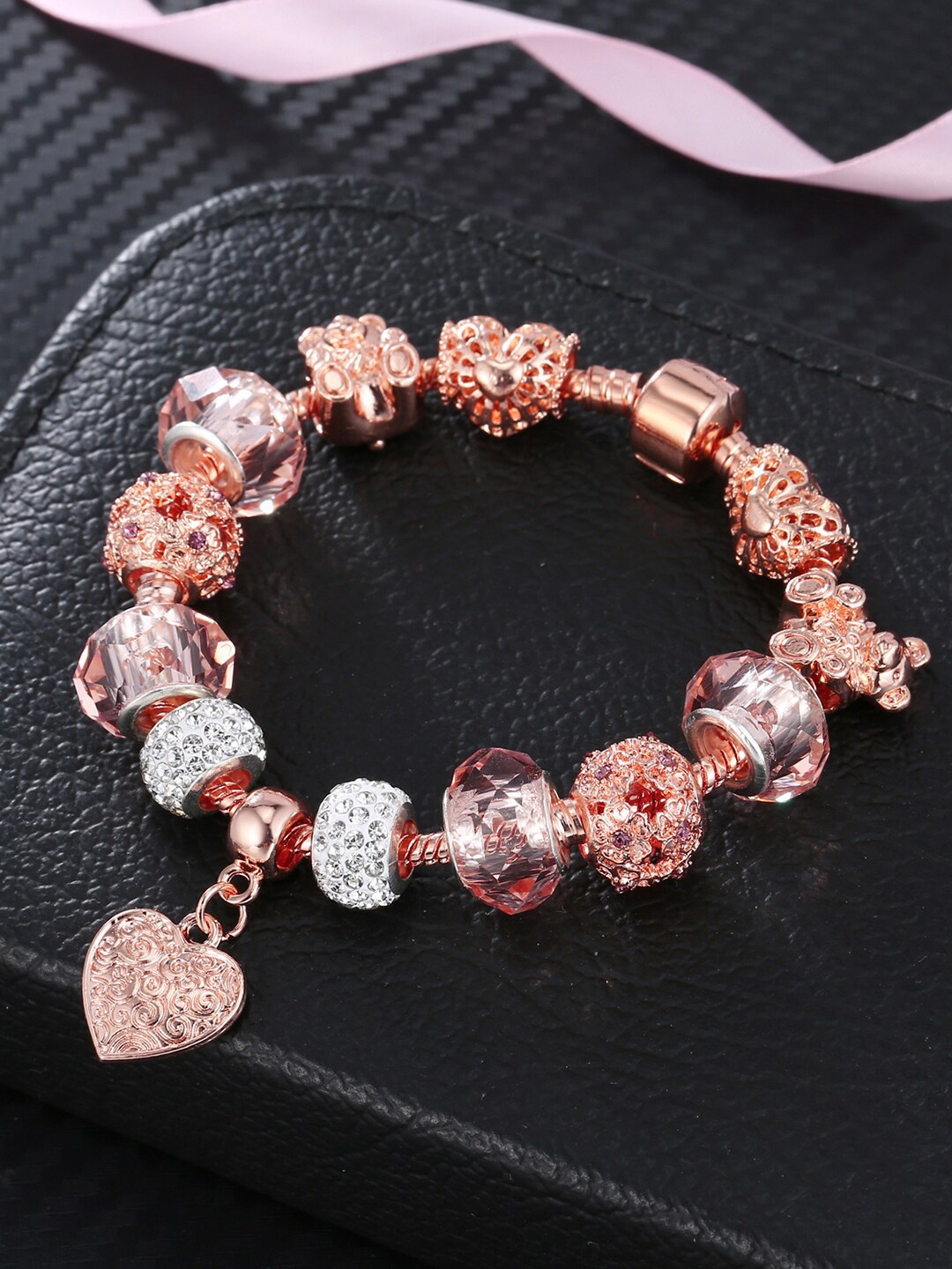 

Peora Women Rose Gold-Plated Cubic Zirconia Studded Charm Bracelet