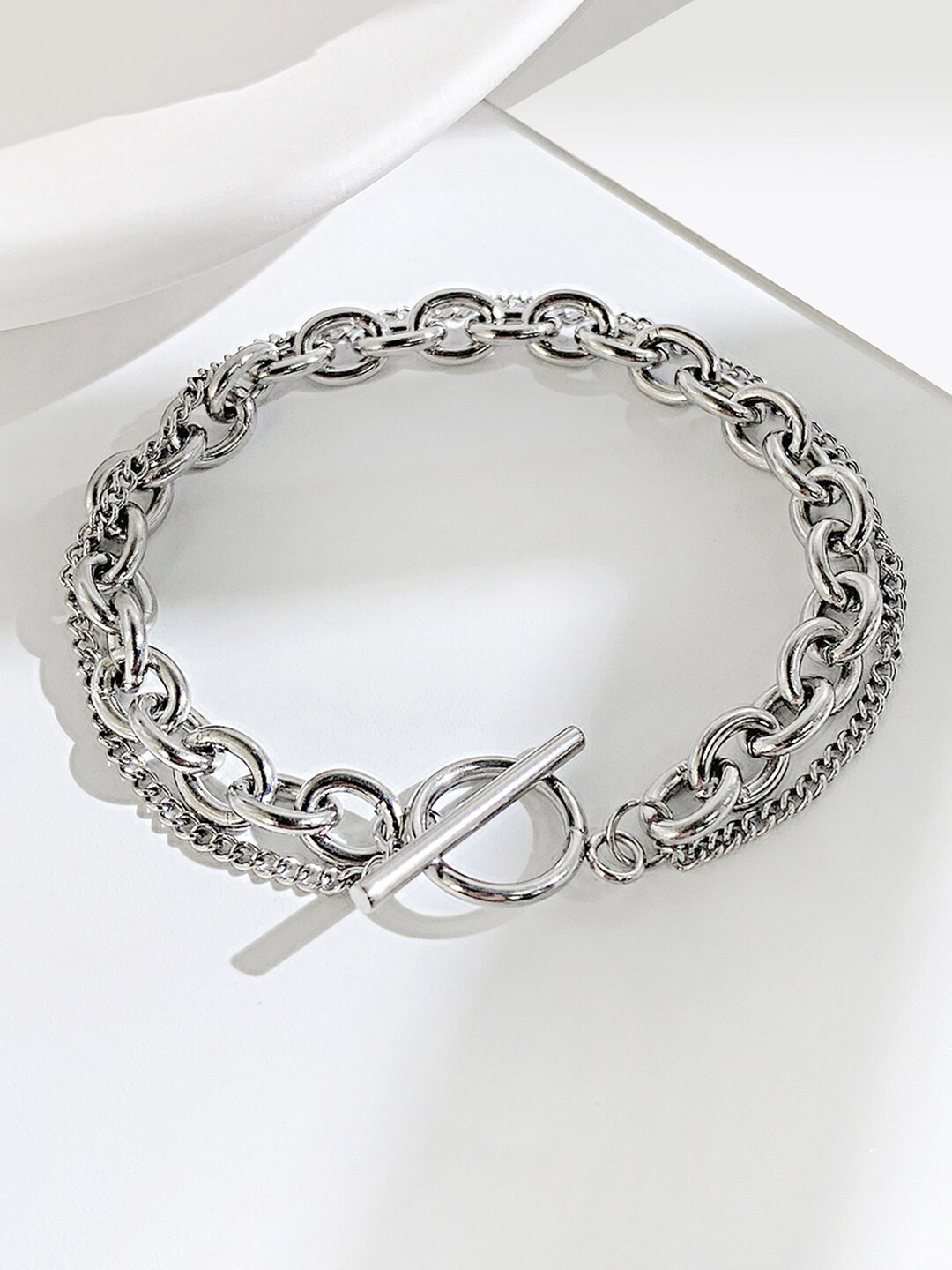 

Peora Men Silver-Plated Stainless Steel American Diamond Studded Link Bracelet