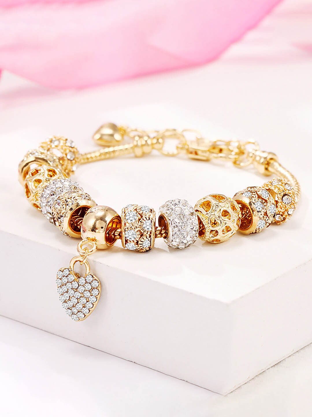 

Peora Women American Diamond Gold-Plated Cubic Zirconia Studded Charm Bracelet