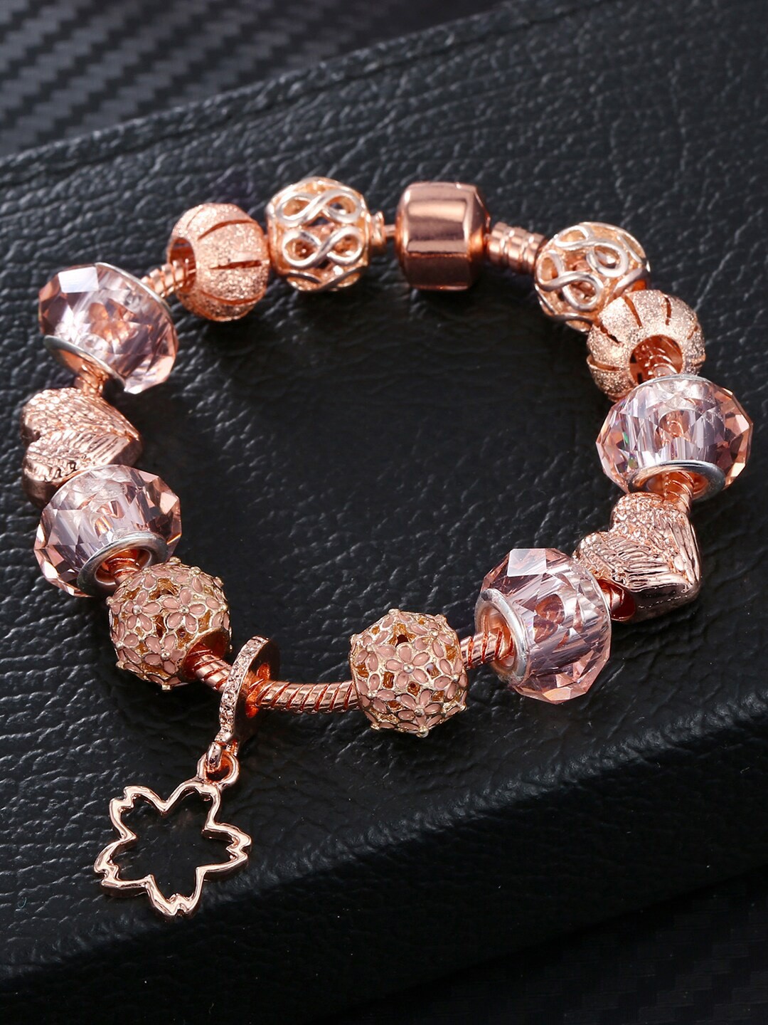 

Peora Women Rose Gold-Plated Cubic Zirconia Studded Charm Bracelet