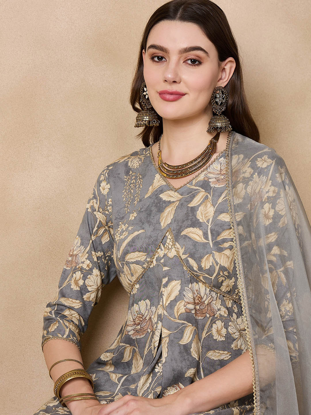 

Anouk Floral Printed Empire Kurta With Trousers & Dupatta, Grey