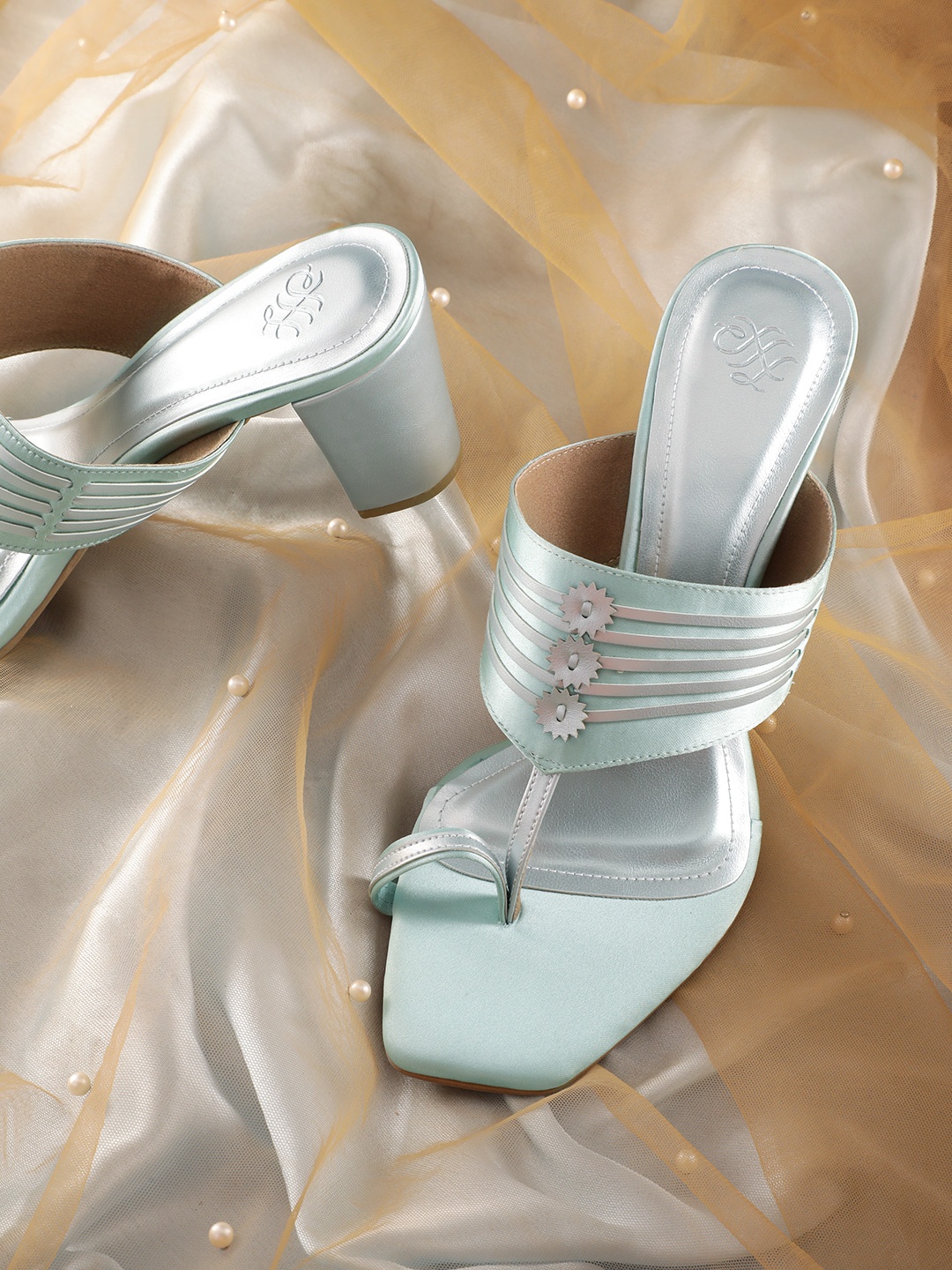 

House of Pataudi Open Toe Striped Block Heels, Green
