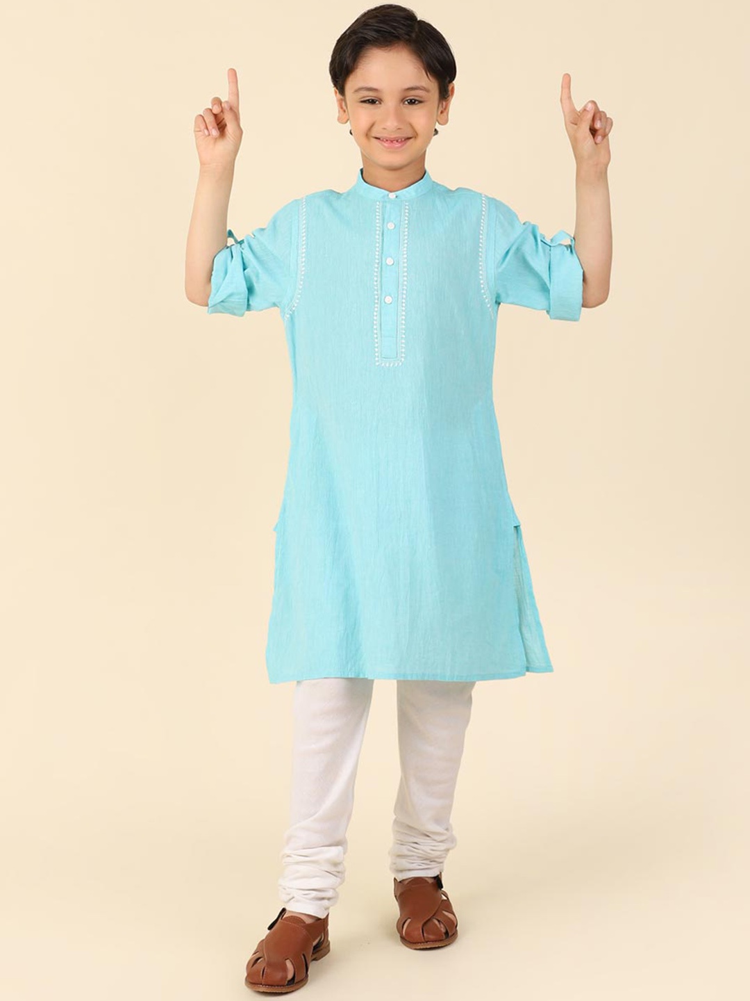 

Fabindia Boys Band Collar Long Sleeves Pure Cotton Chikankari Straight Kurta, Blue