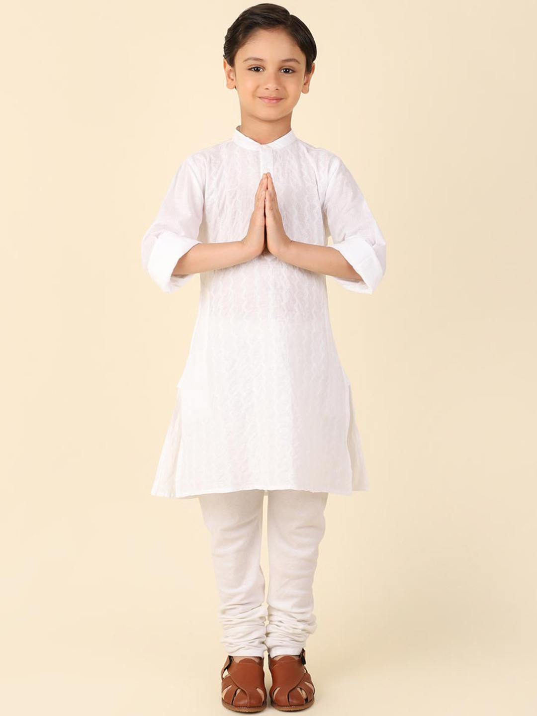 

Fabindia Boys Chevron Embroidered Chikankari Straight Kurta, White
