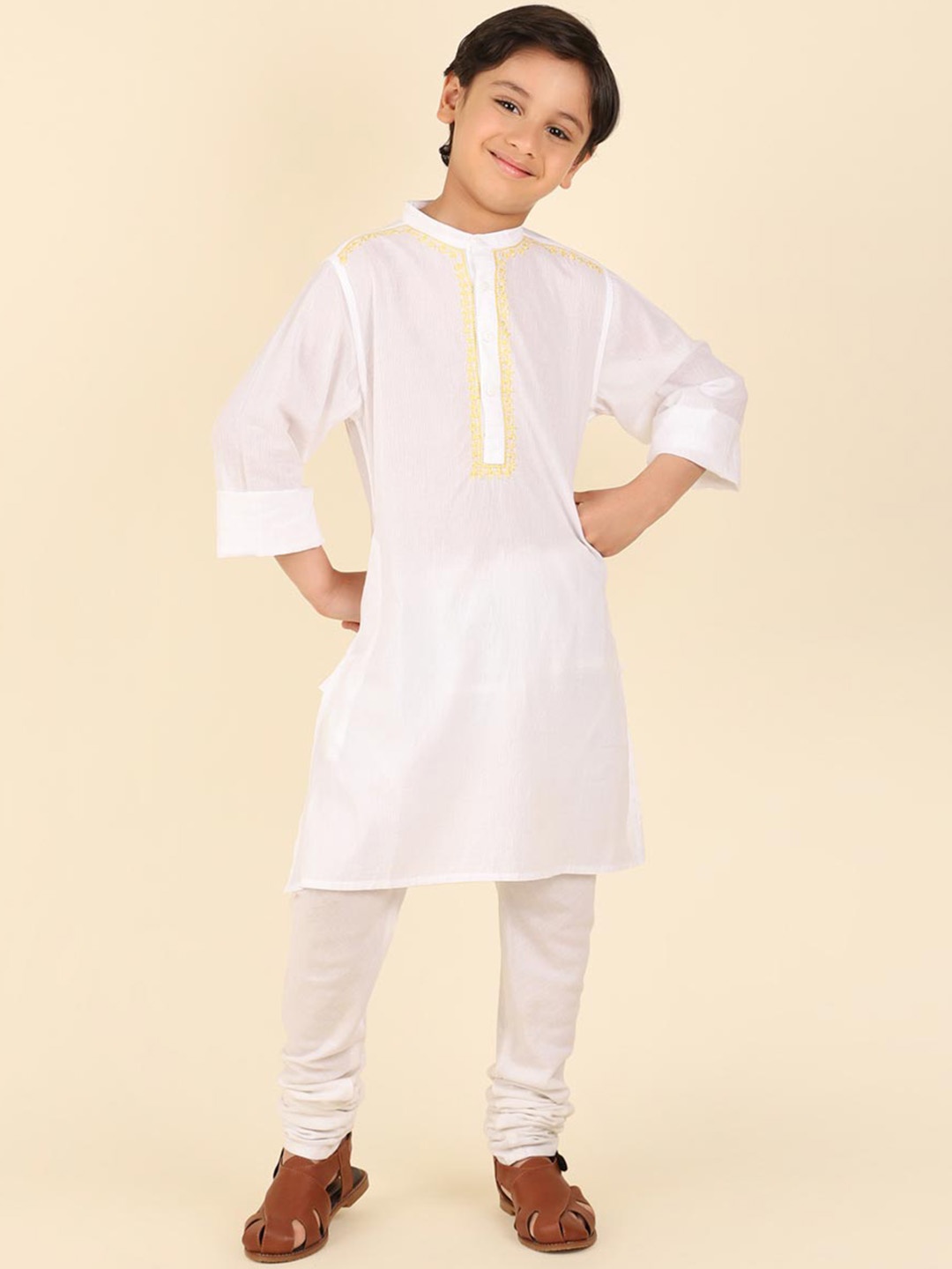 

Fabindia Boys Striped Pure Cotton Chikankari Straight Kurta, White