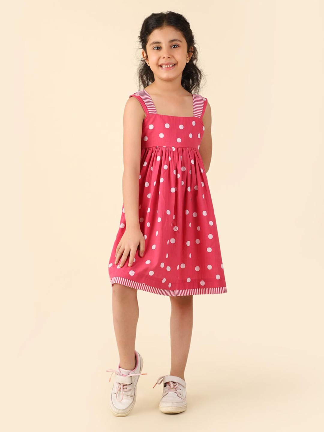 

Fabindia Girls Polka Dots Printed Cotton A-Line Dress, Pink