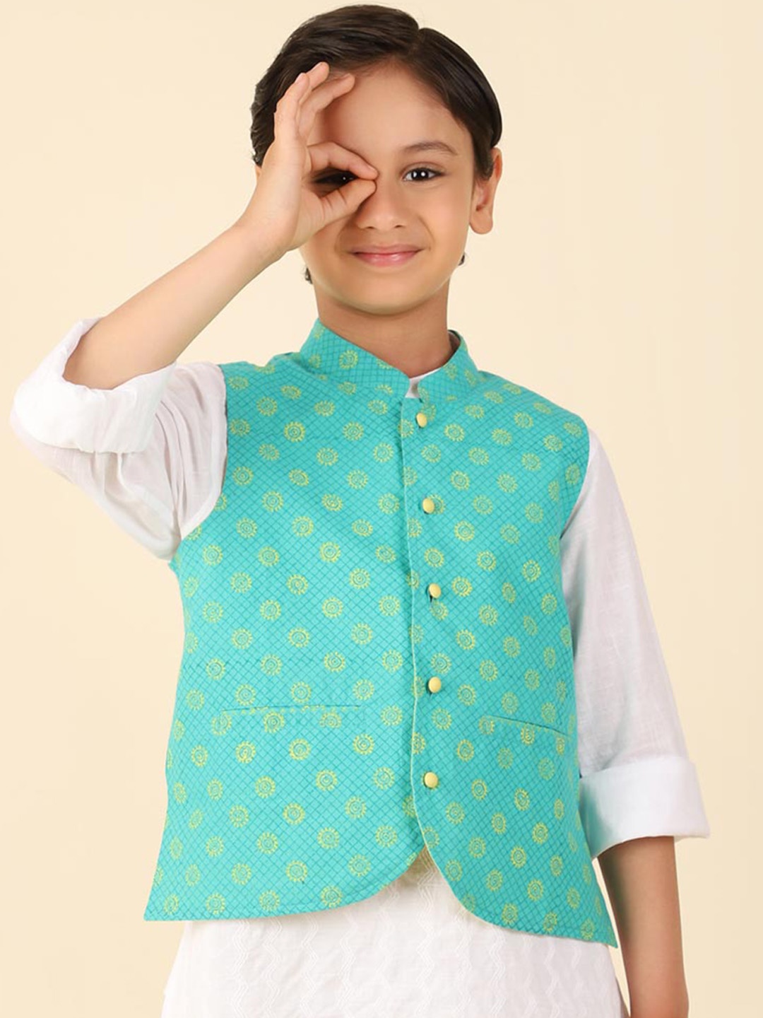 

Fabindia Boys Printed Pure Cotton Nehru Jacket, Turquoise blue