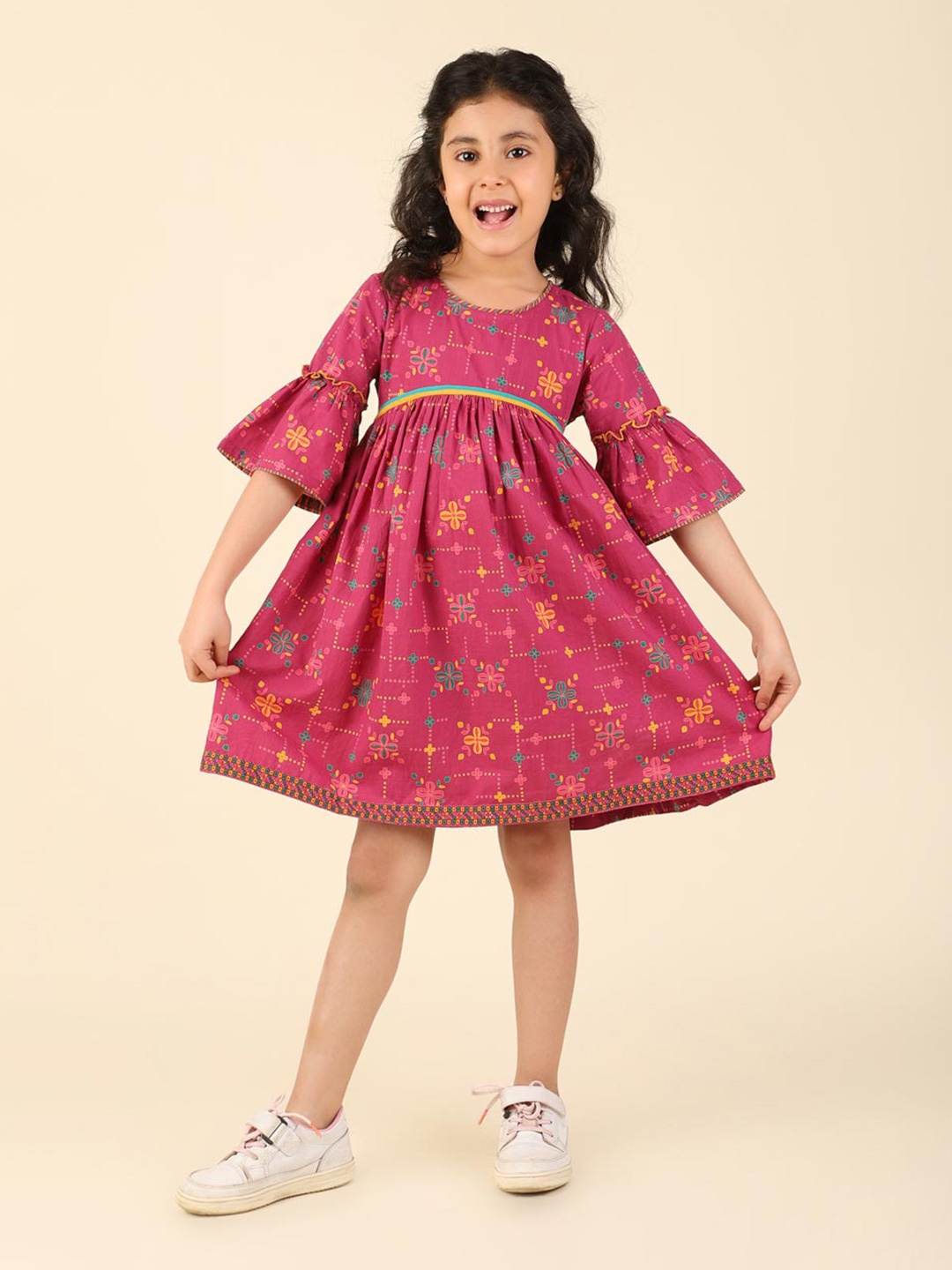

Fabindia Girls Floral Printed Bell Sleeve Cotton Fit & Flare Dress, Maroon