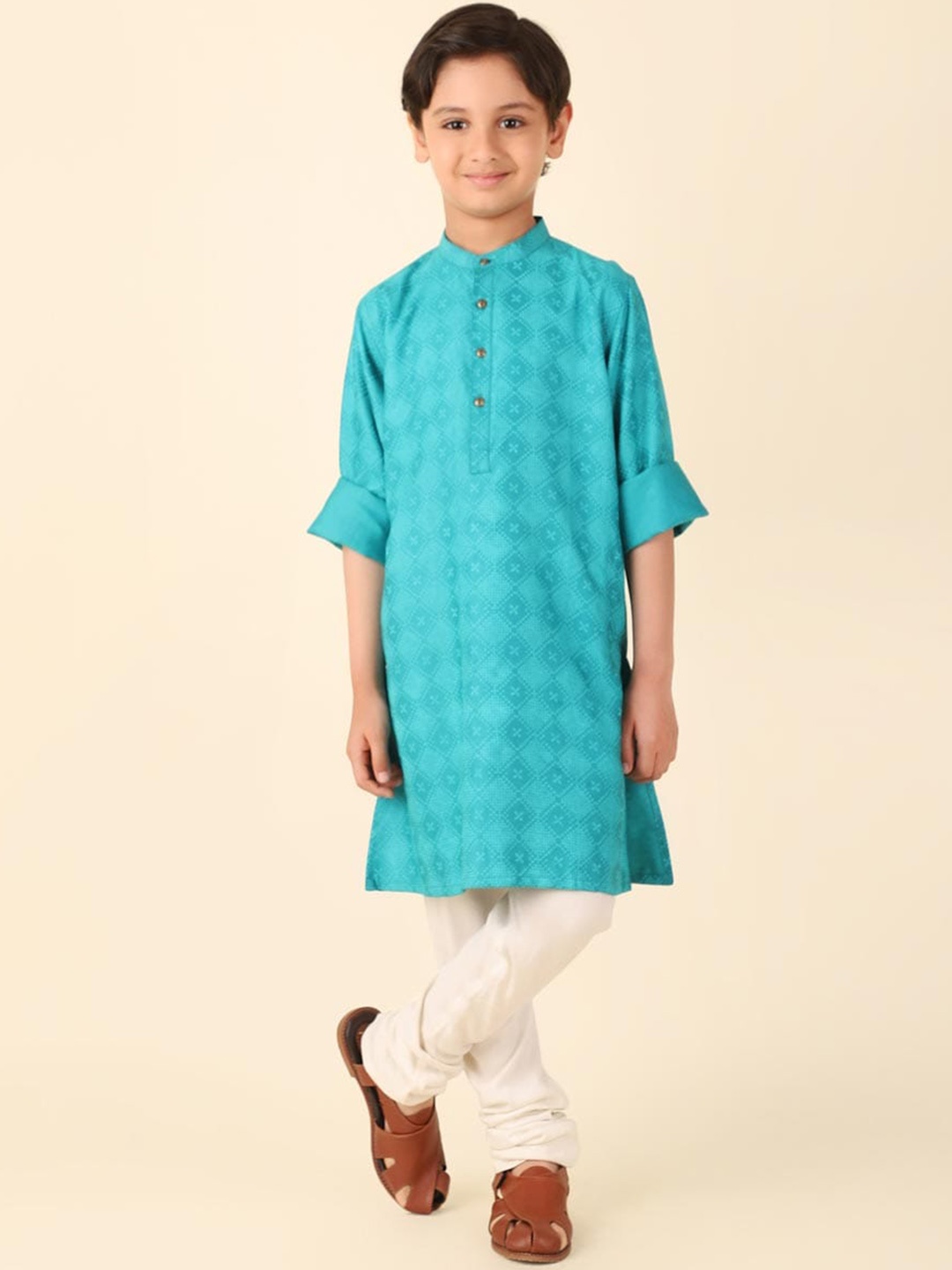 

Fabindia Boys Geometric Printed Band Collar Straight Kurta, Teal