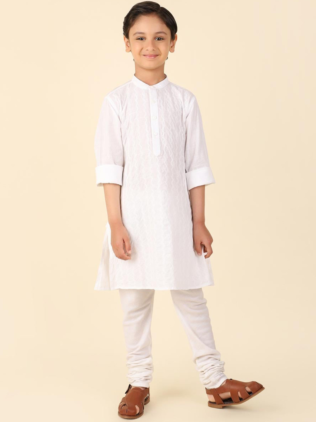 

Fabindia Boys Striped Band Collar Thread Work Pure Cotton Straight Kurta, White