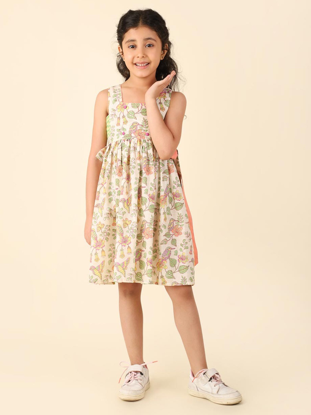 

Fabindia Girls Floral Printed Cotton Fit & Flare Dress, Off white