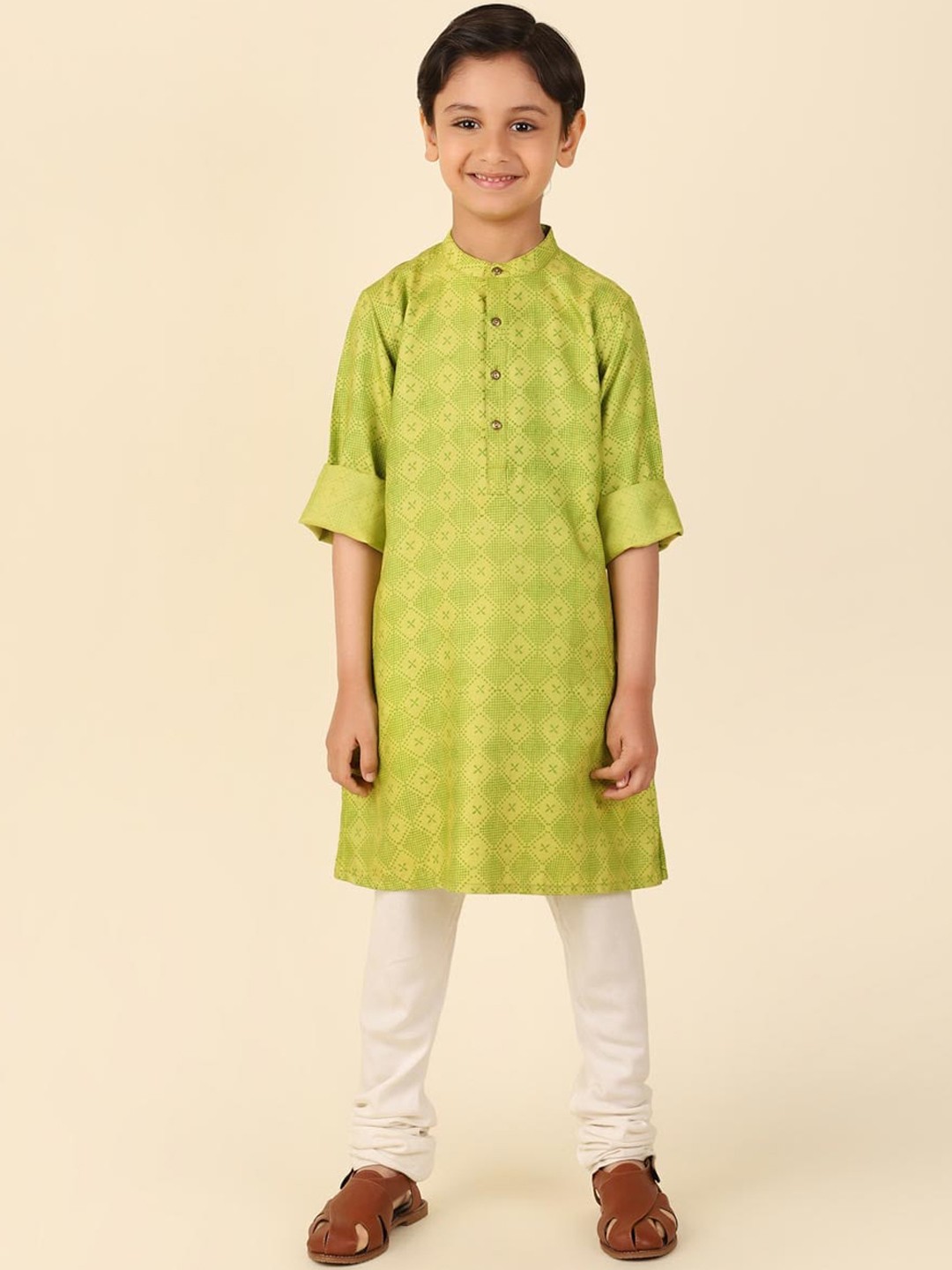 

Fabindia Boys Geometric Printed Band Collar Straight Kurta, Green