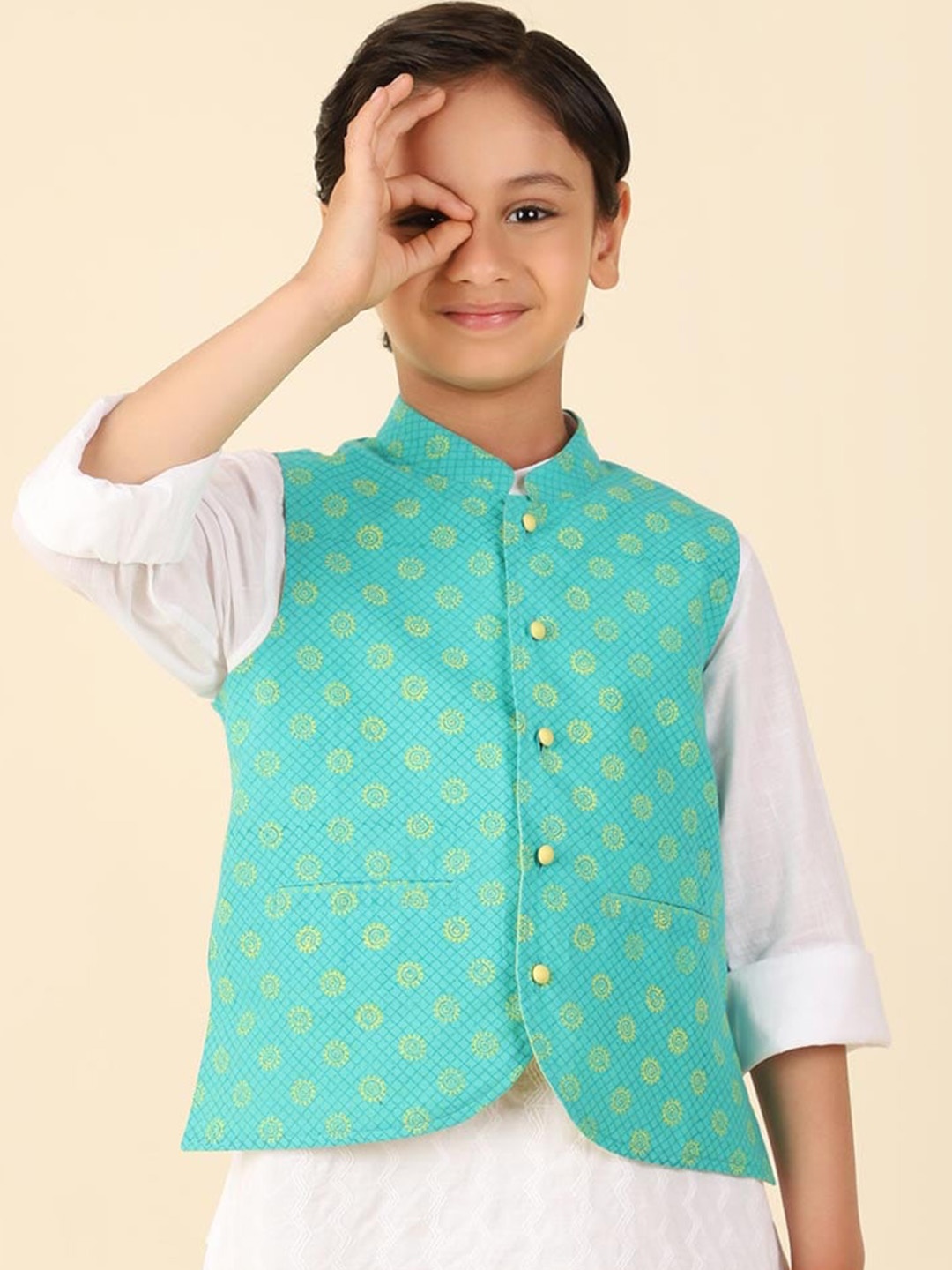 

Fabindia Boys Printed Pure Cotton Nehru Jacket, Turquoise blue