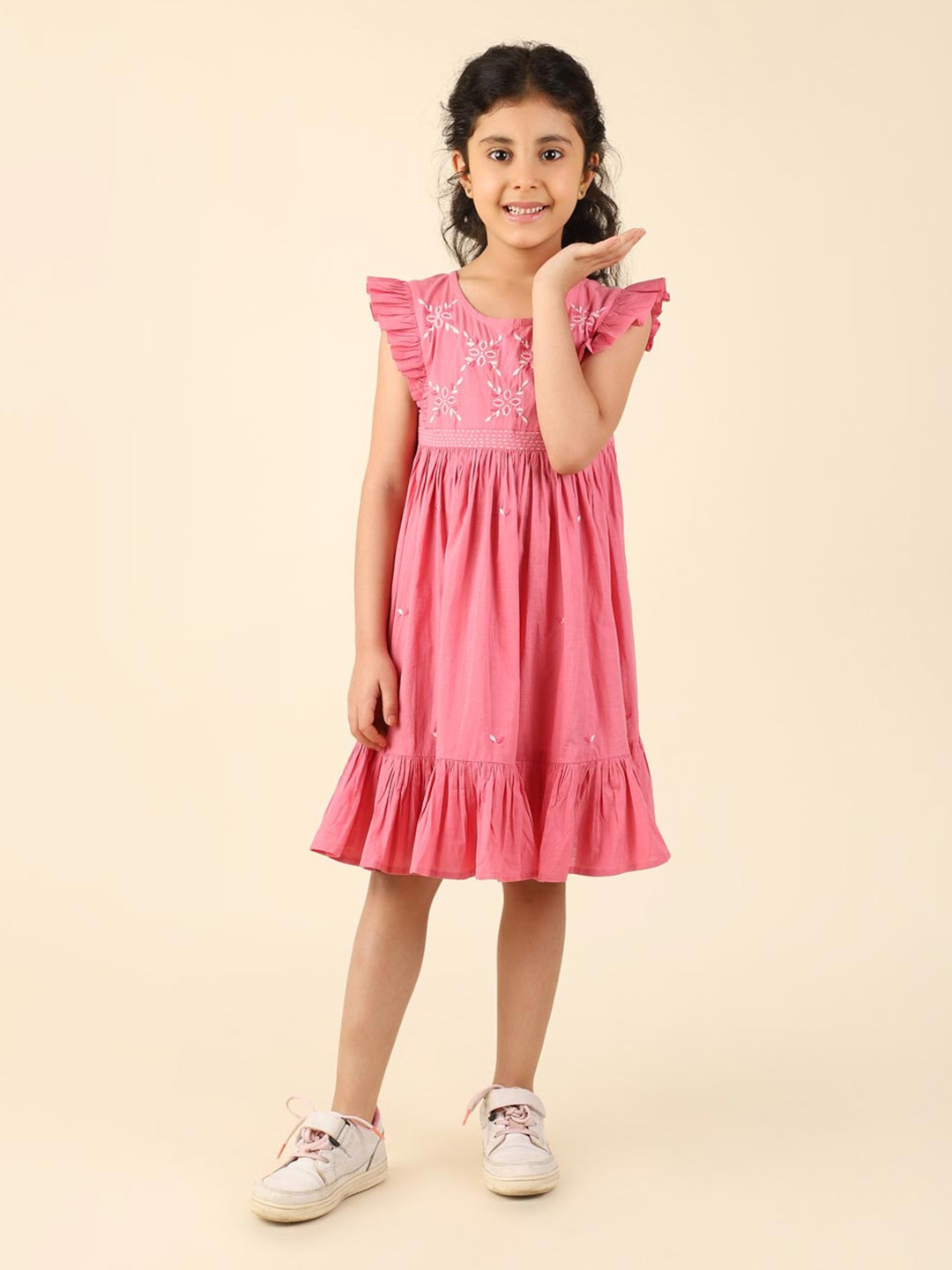 

Fabindia Girls Floral Embroidered Chikankari Flutter Sleeves Cotton A-Line Dress, Pink