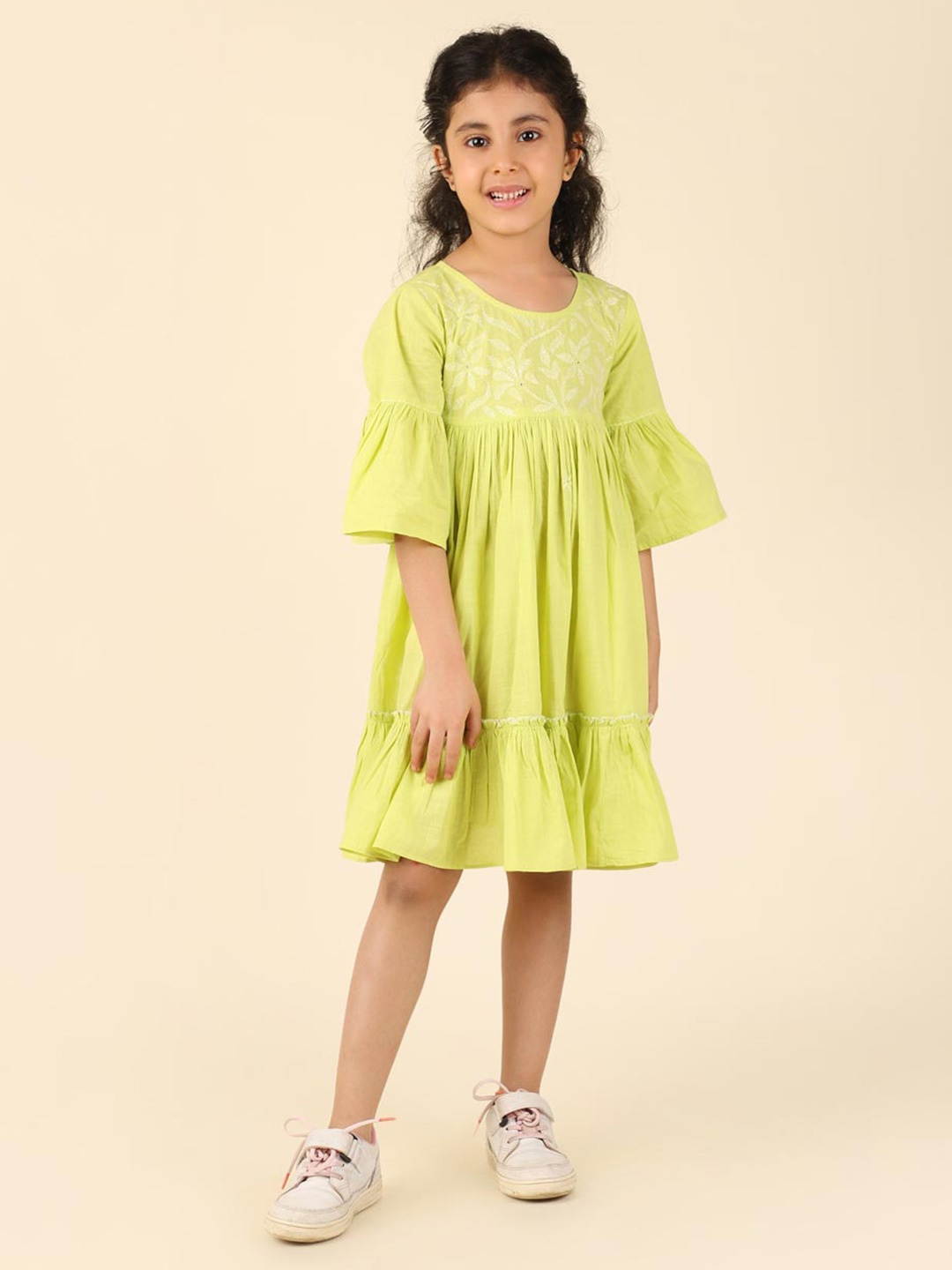 

Fabindia Girls Floral Chikankari Embroidered Bell Sleeve A-Line Dress, Lime green