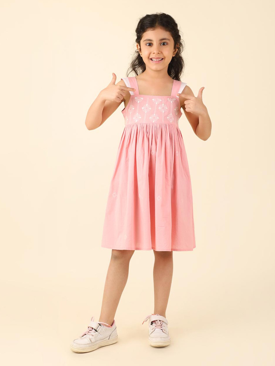 

Fabindia Girls Chikankari Embroidered Gathered Fit & Flare Dress, Pink