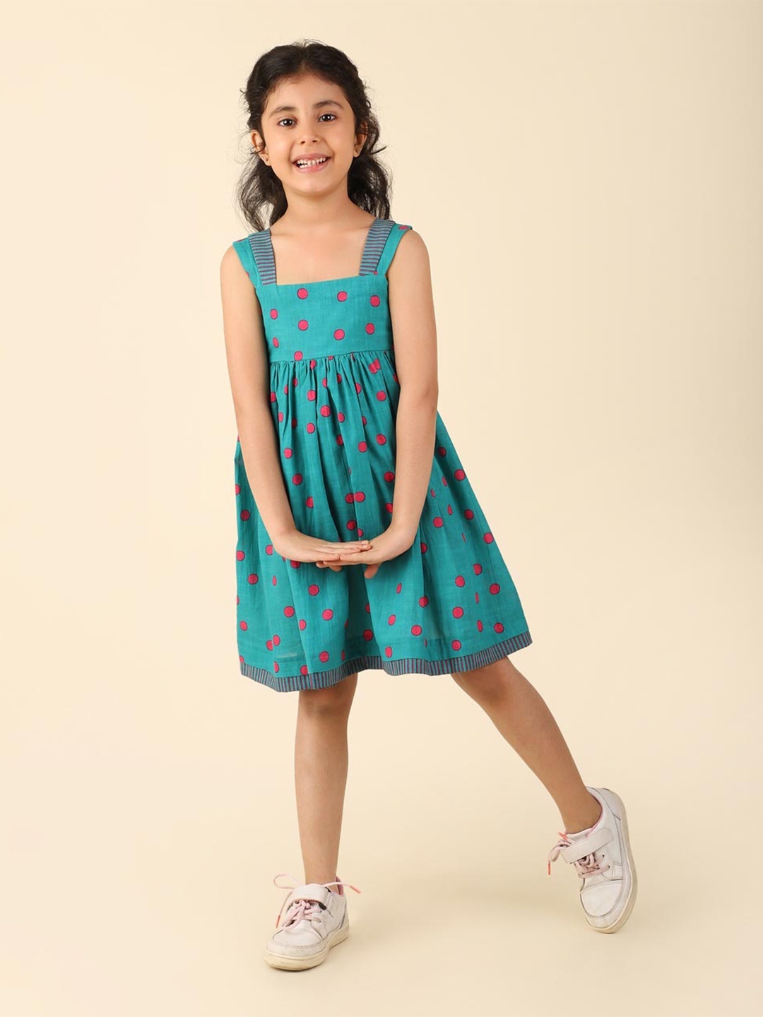

Fabindia Girls Geometric Printed Square Neck Sleeveless Cotton A-Line Dress, Teal