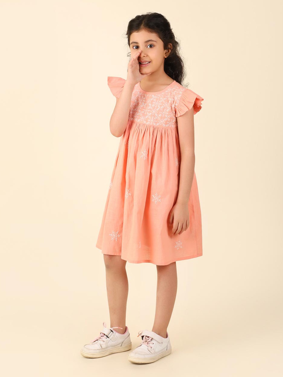 

Fabindia Girls Floral Chikankari Embroidered Cotton A-Line Dress, Peach