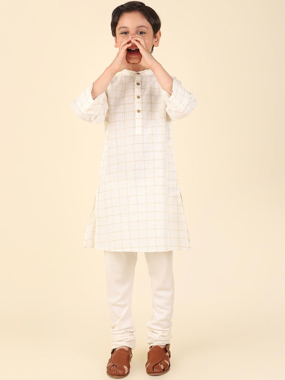 

Fabindia Boys Checked Band Collar Straight Kurta, White