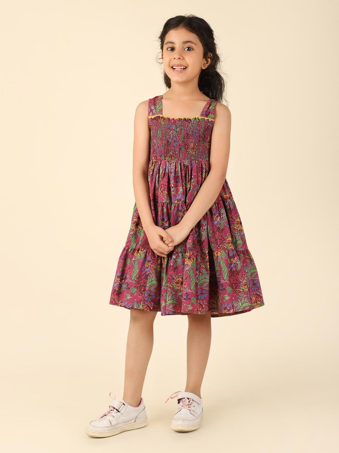 

Fabindia Girls Floral Printed Square Neck Cotton A-Line Dress, Purple