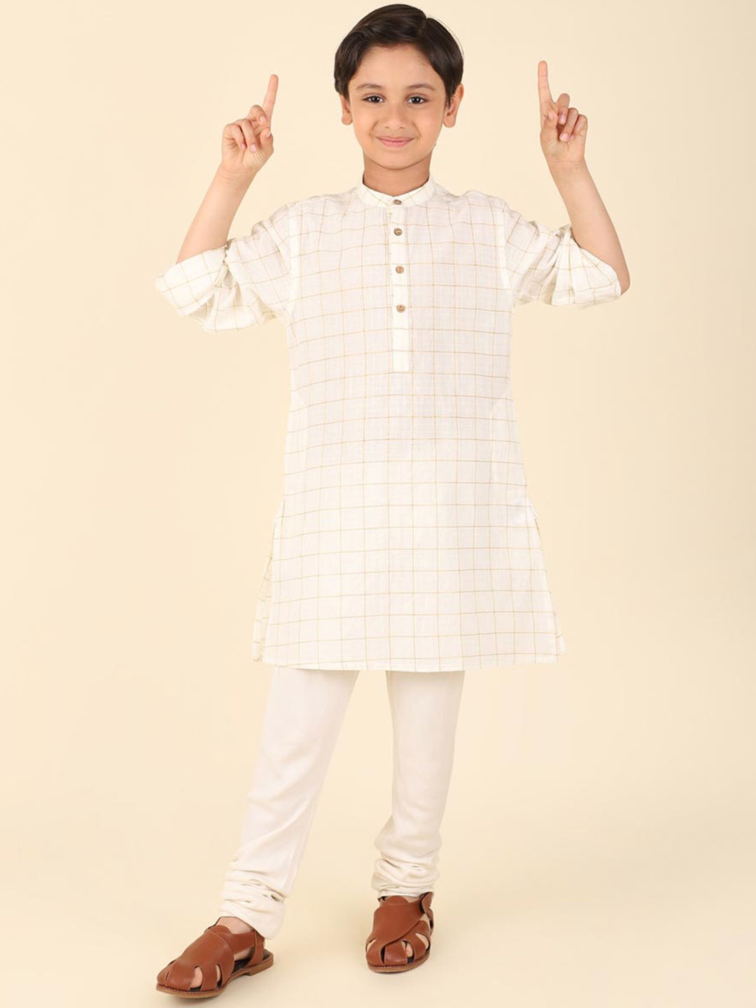 

Fabindia Boys Checked Band Collar Straight Kurta, White
