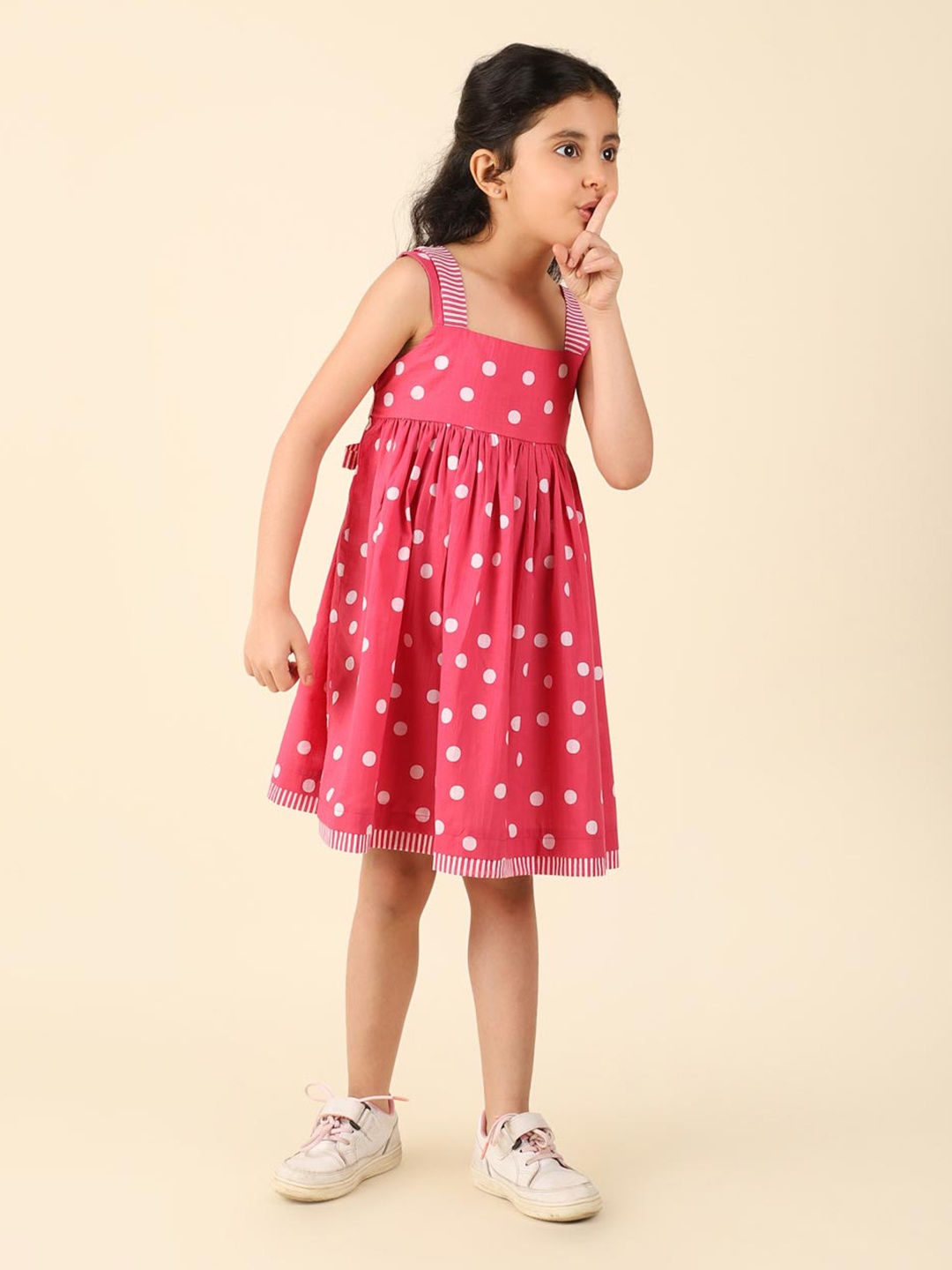 

Fabindia Polka Dot Printed Square Neck Sleeveless A-Line Dress, Pink