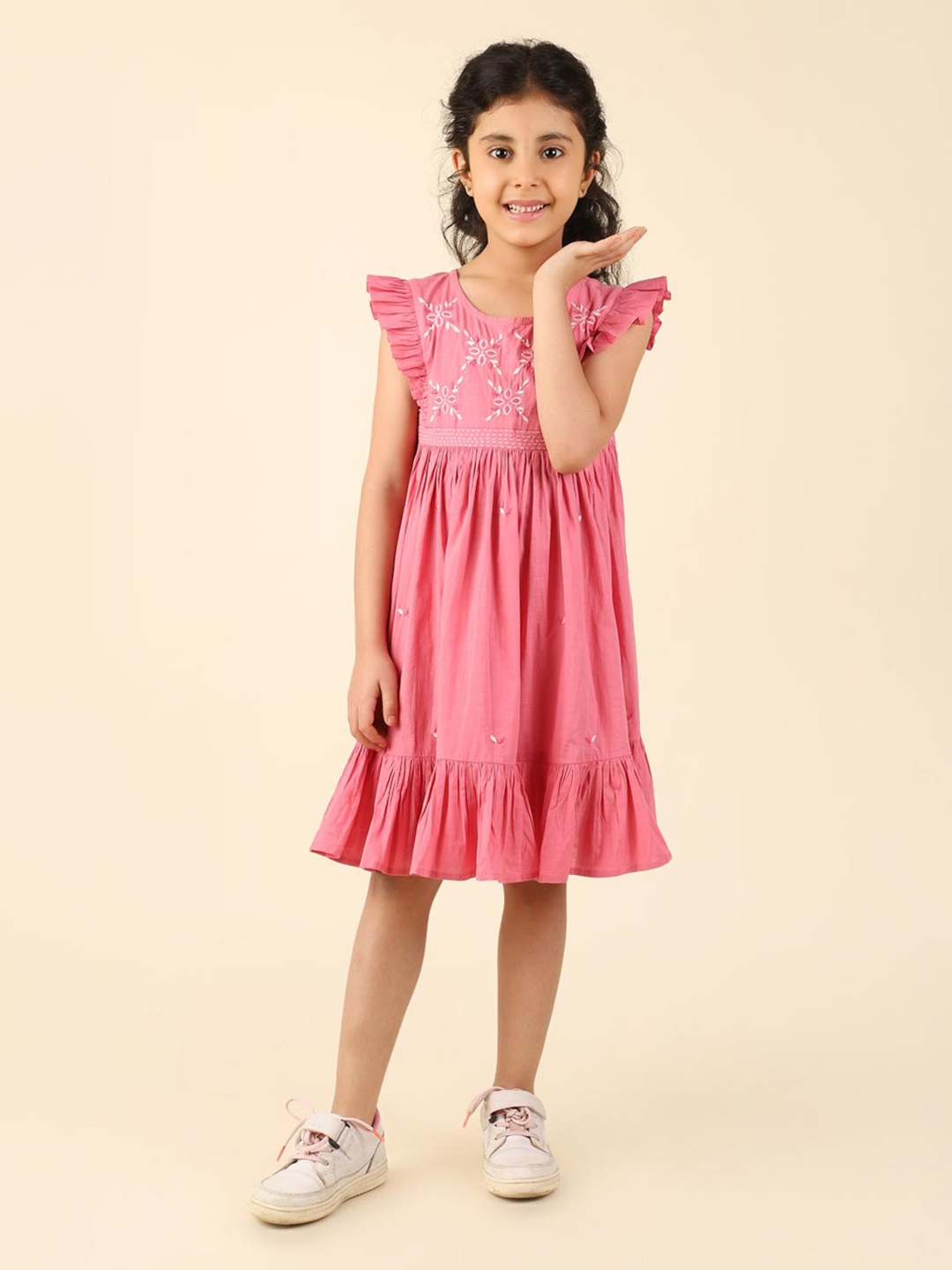 

Fabindia Girls Self Design Round Neck Cap Sleeves Cotton A-Line Dress, Pink