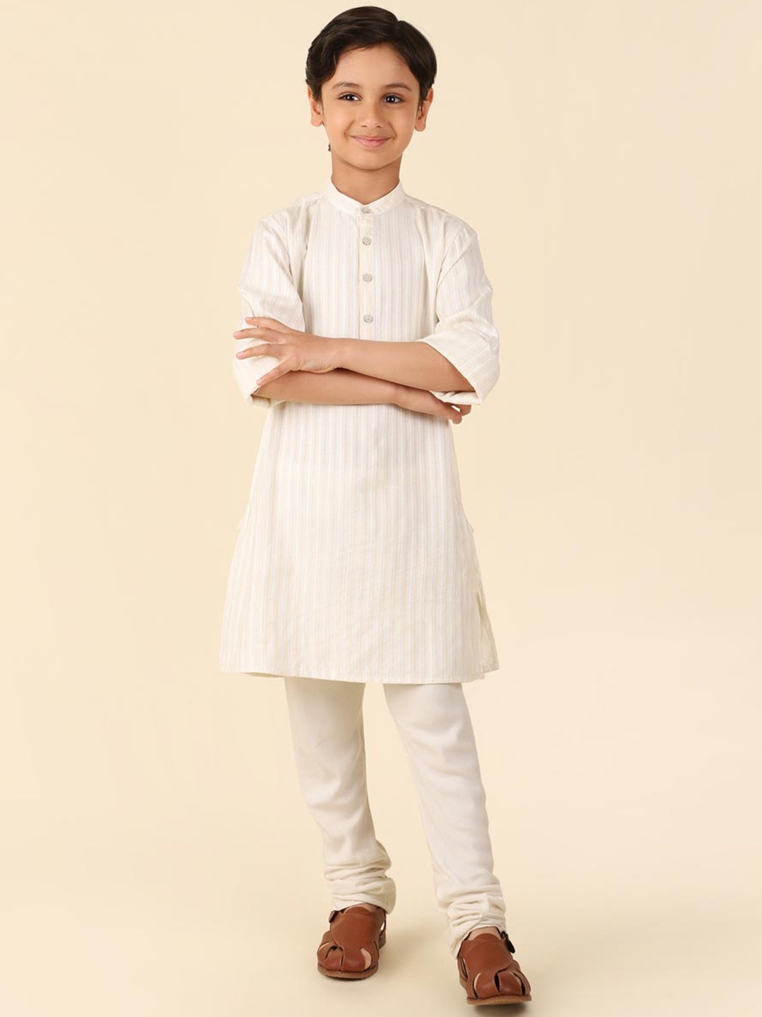 

Fabindia Boys Striped Thread Work Band Collar Dobby Straight Kurta, Off white