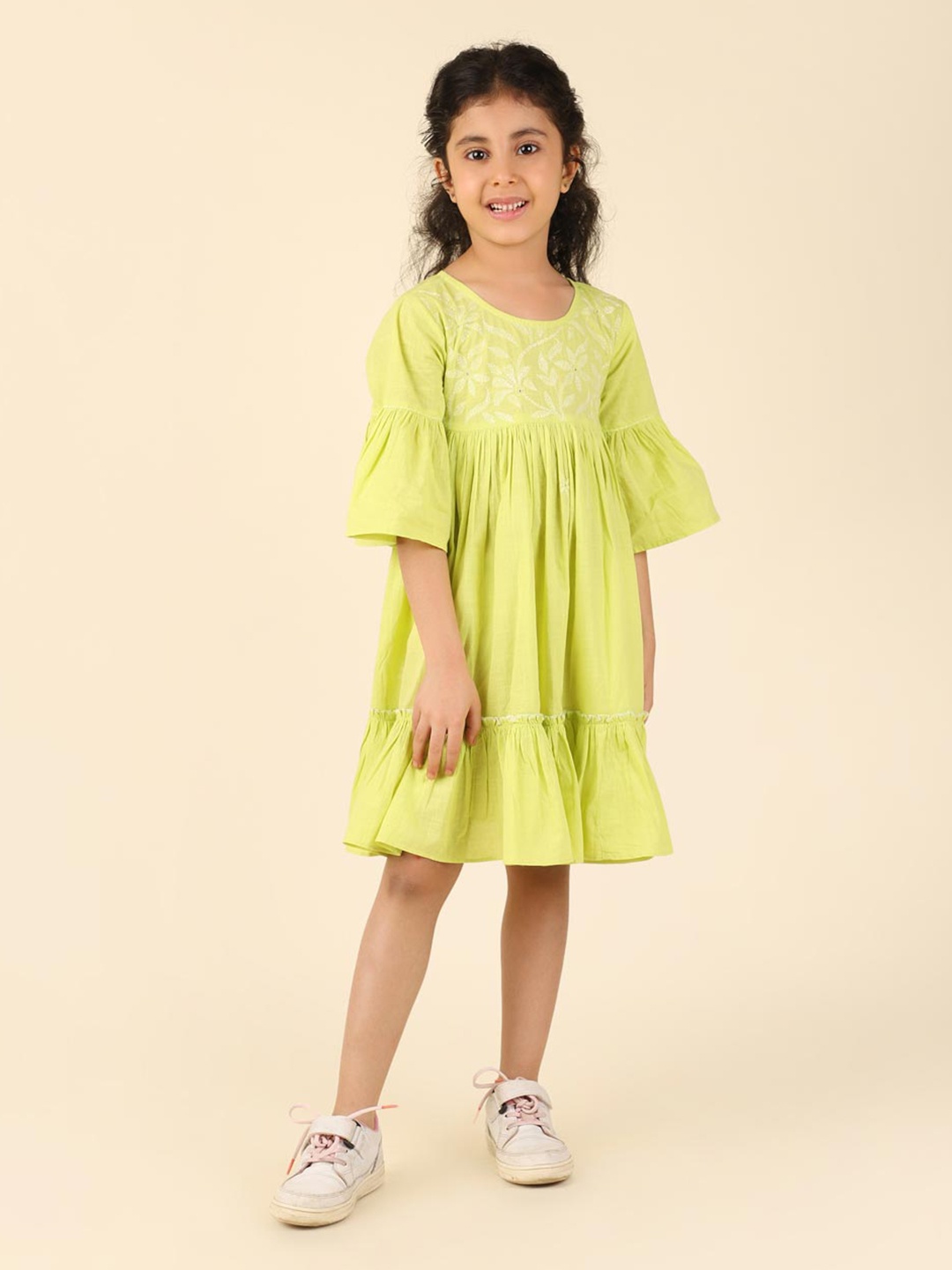 

Fabindia Girls Bell Sleeve A-Line Dress, Lime green