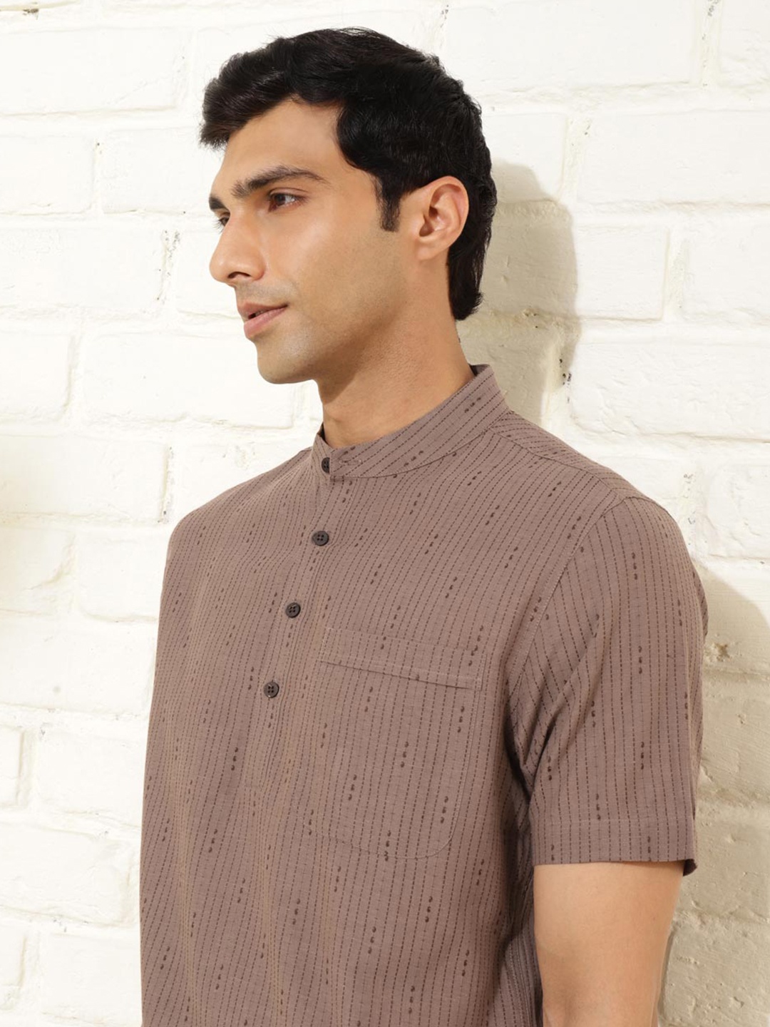 

Fabindia Striped Mandarin Collar Short Sleeves Cotton Casual Shirt, Brown