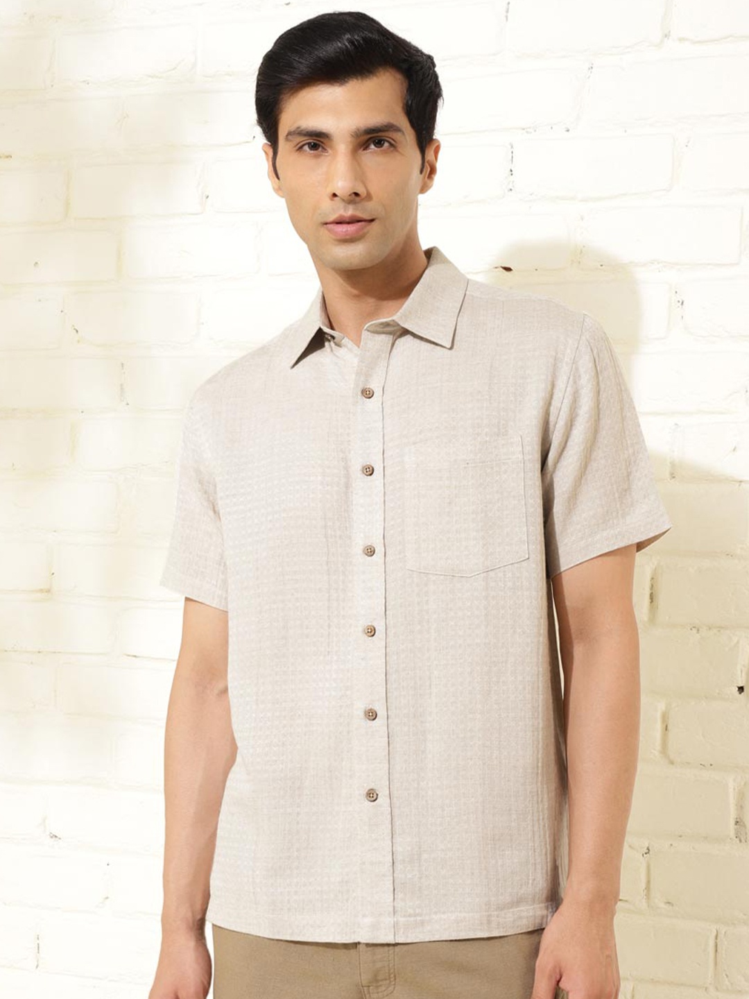 

Fabindia Checked Linen Regular Shirt, Beige