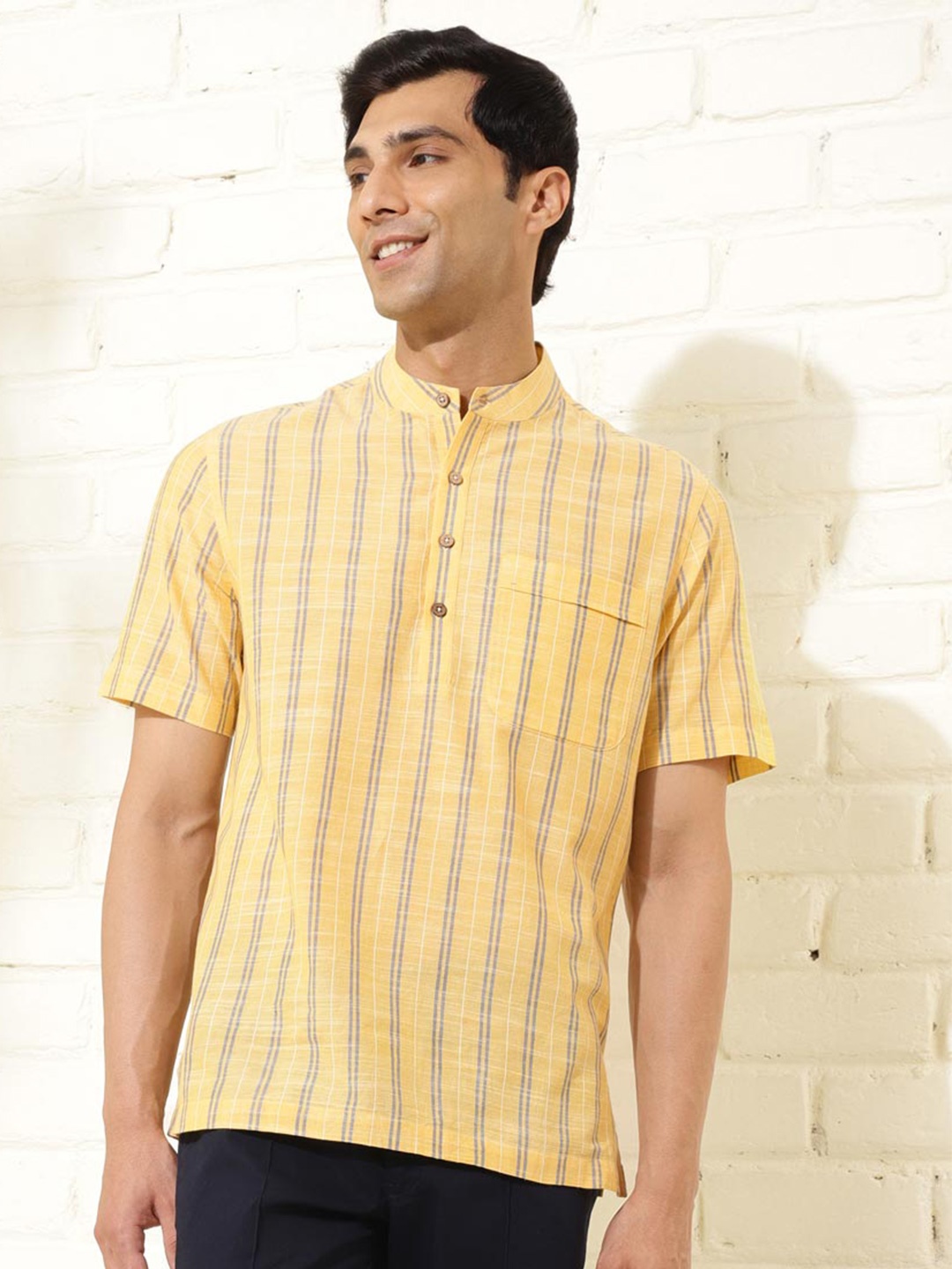 

Fabindia Striped Mandarin Collar Cotton Mid Placket Shirt, Yellow