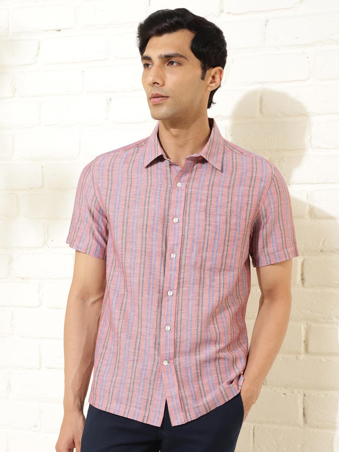 

Fabindia Striped Spread Collar Short Sleeves Linen Casual Shirt, Pink
