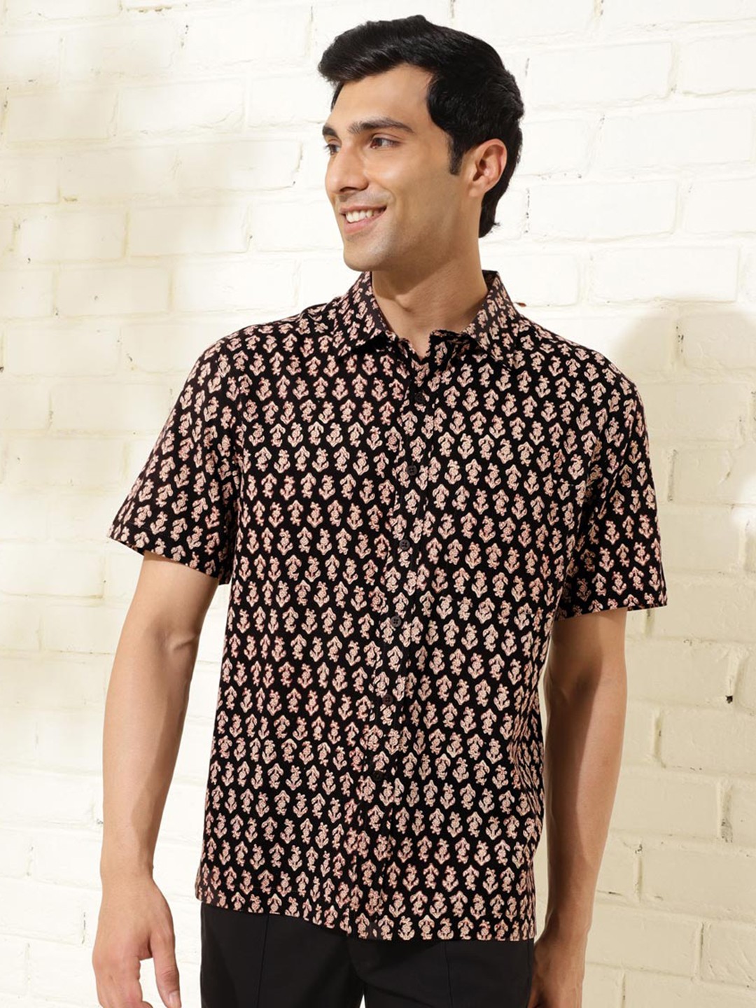 

Fabindia Men Polka Dot Printed Cotton Casual Shirt, Black