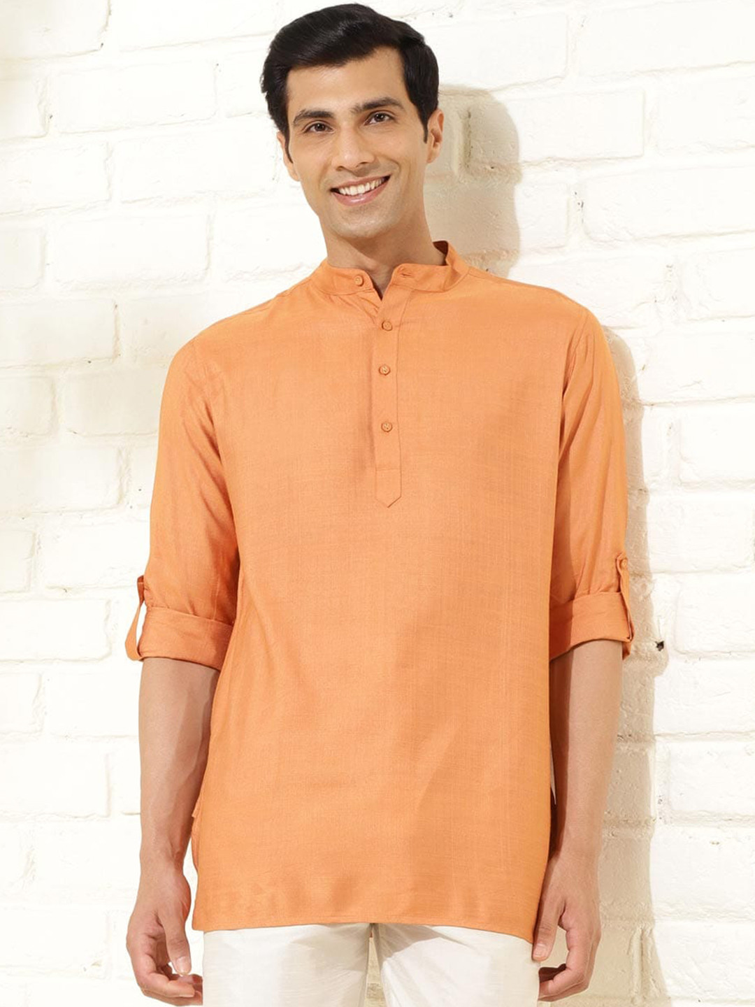 

Fabindia Band Collar Roll Up Sleeves Short Kurta, Orange