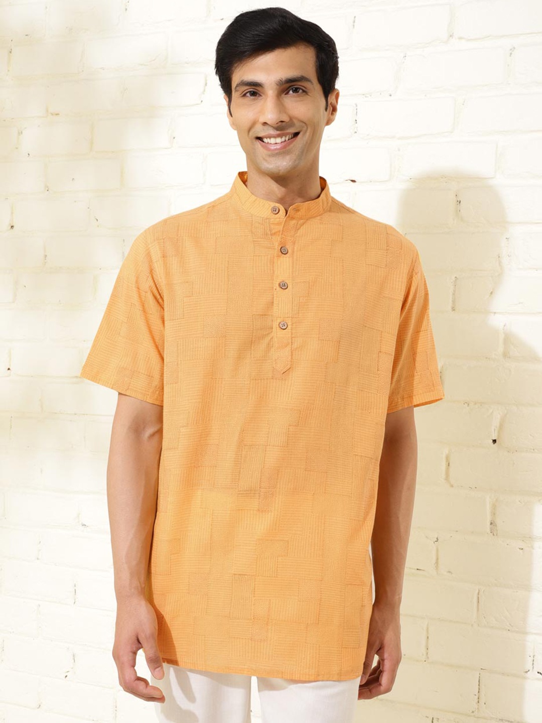 

Fabindia Geometric Block Printed Band Collar Pure Cotton Straight Kurta, Yellow