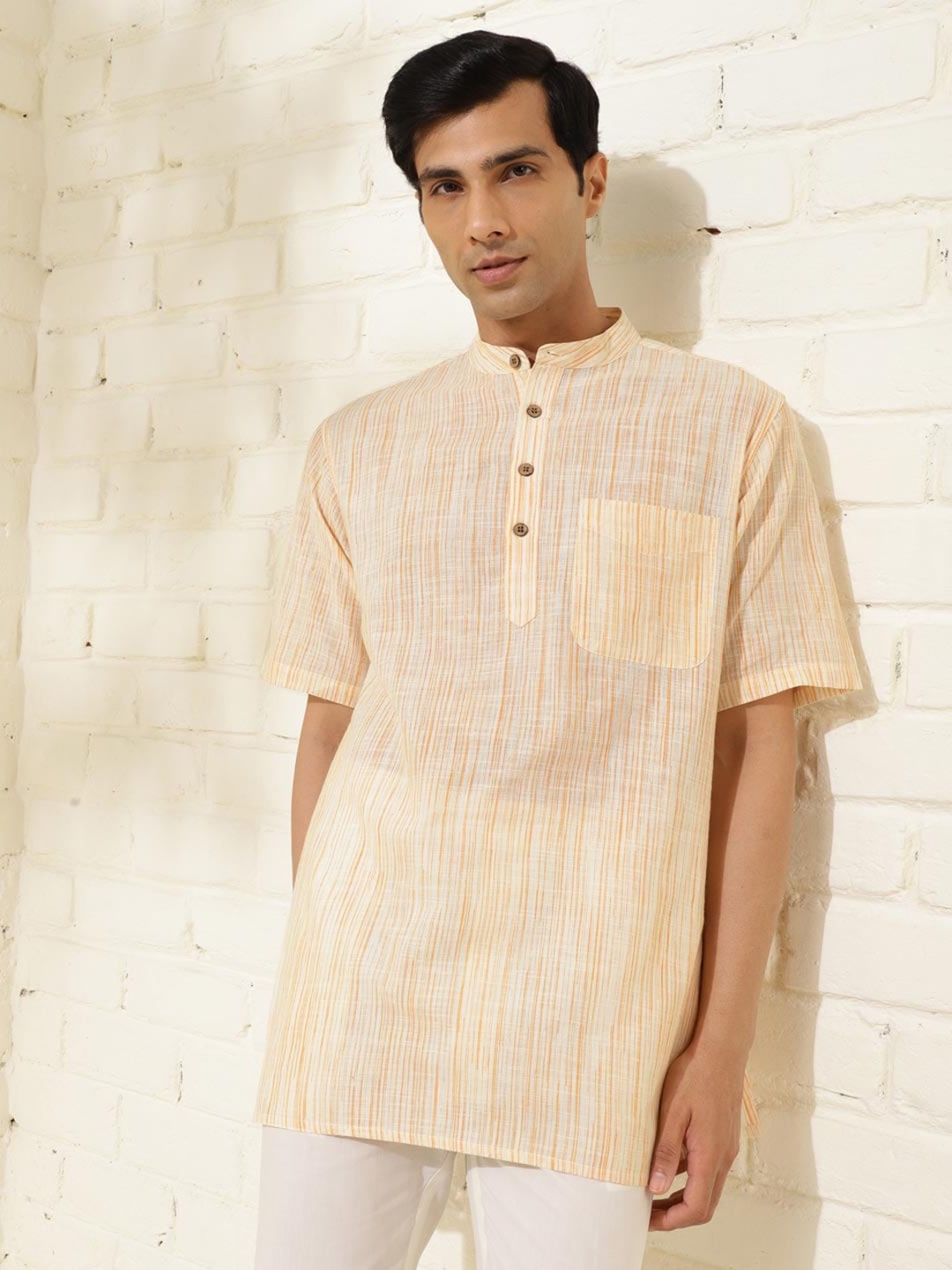 

Fabindia Band Collar Cotton Short Kurta, Beige