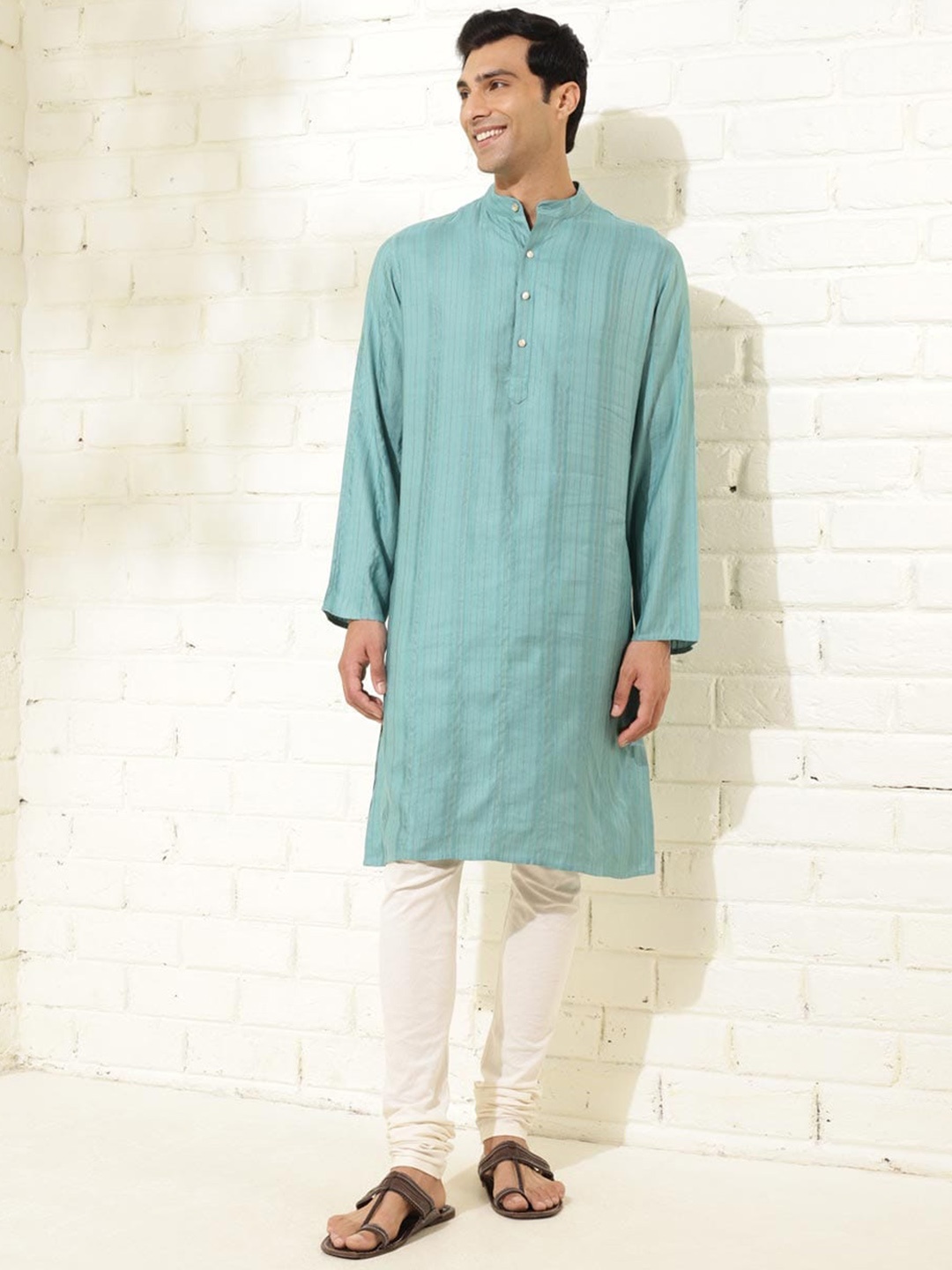 

Fabindia Striped Band Collar Dobby Straight Kurta, Blue