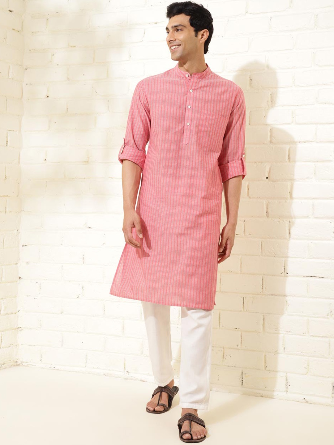 

Fabindia Striped Band Collar Cotton Kurta, Pink