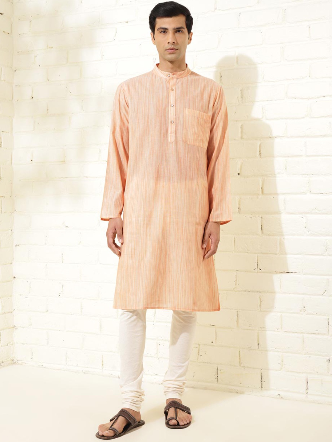 

Fabindia Striped Band Collar Pure Cotton Dobby Straight Kurta, Orange