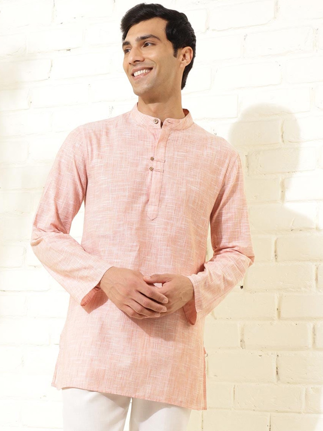 

Fabindia Woven Design Band Collar Pure Cotton Straight Kurta, Peach