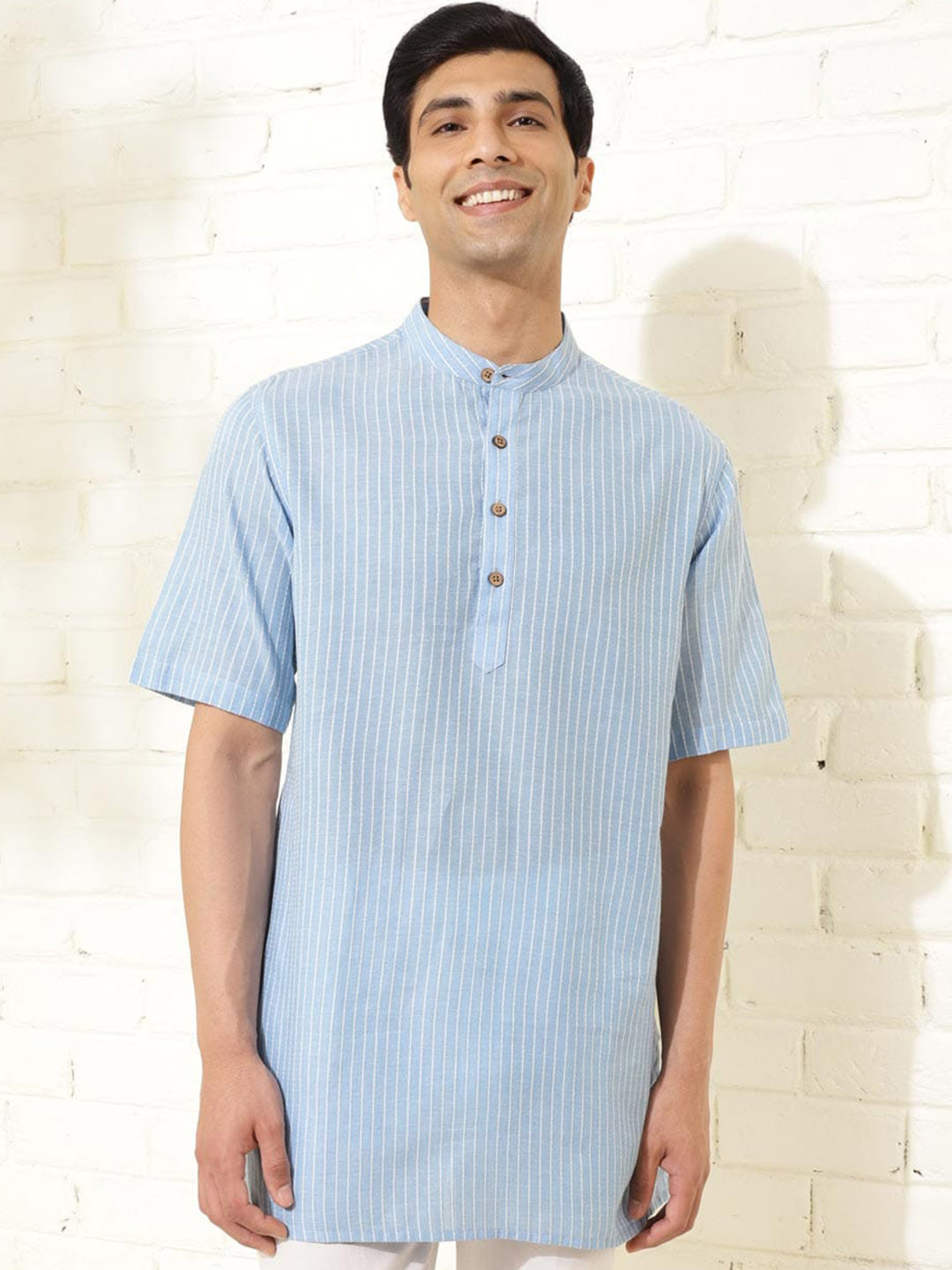

Fabindia Striped Band Collar Pure Cotton Dobby Straight Kurta, Blue
