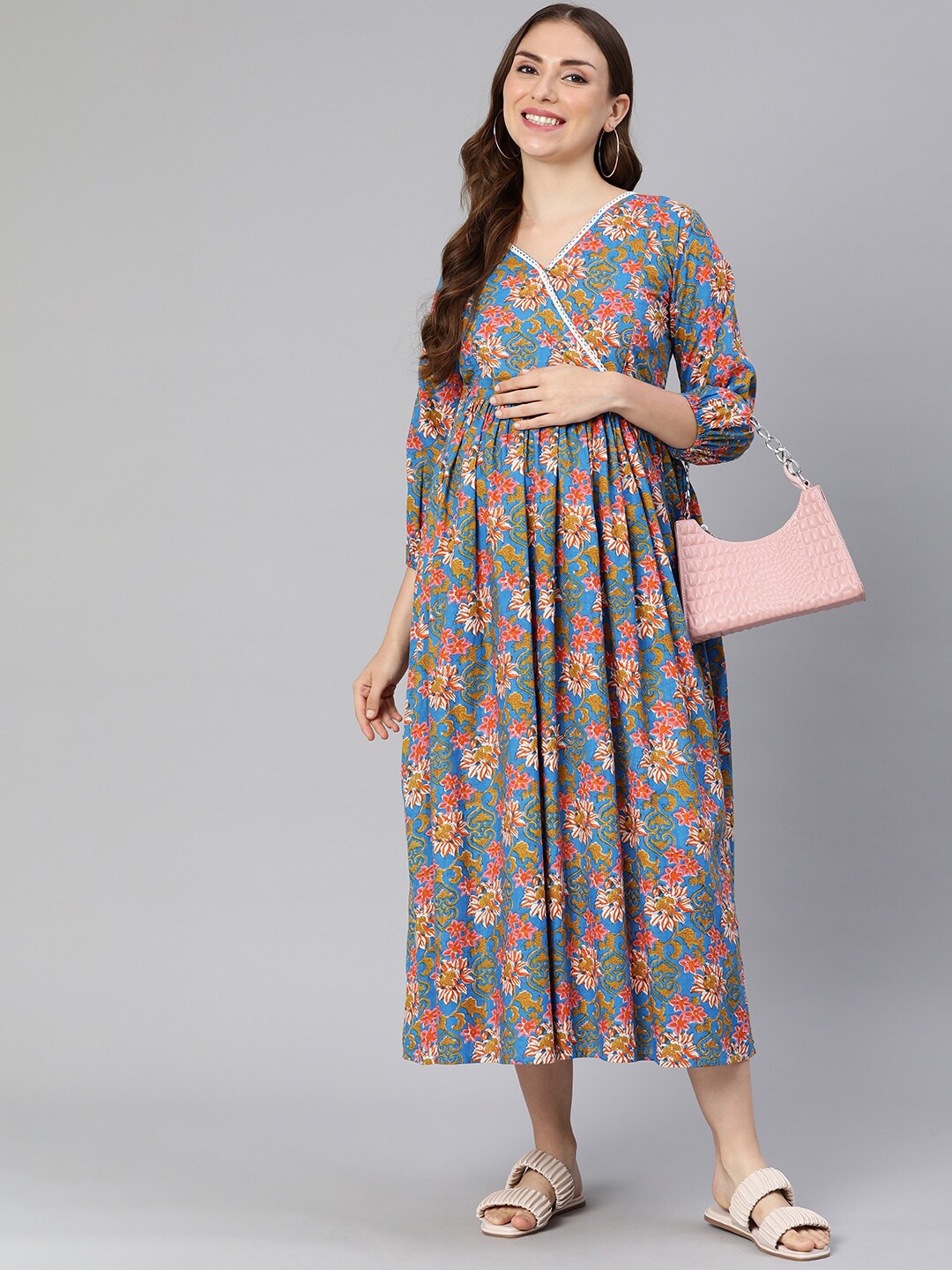 

Swishchick Floral Print Bell Sleeve Maternity Empire Midi Dress, Blue