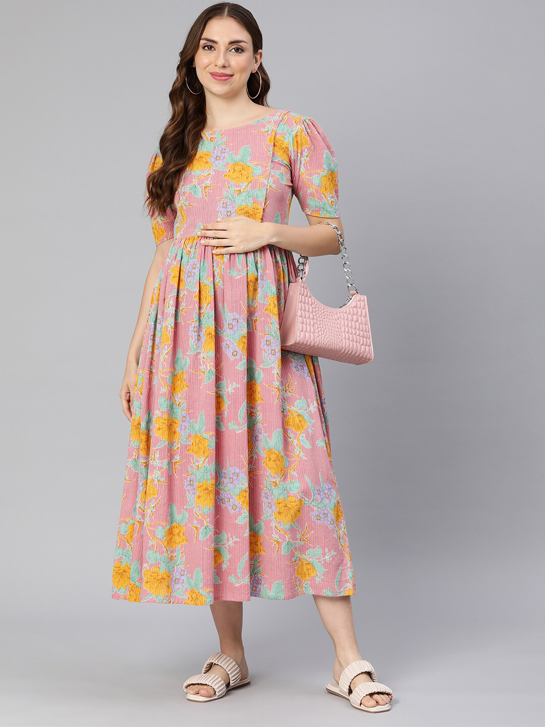 

Swishchick Floral Print Maternity Fit & Flare Midi Dress, Pink